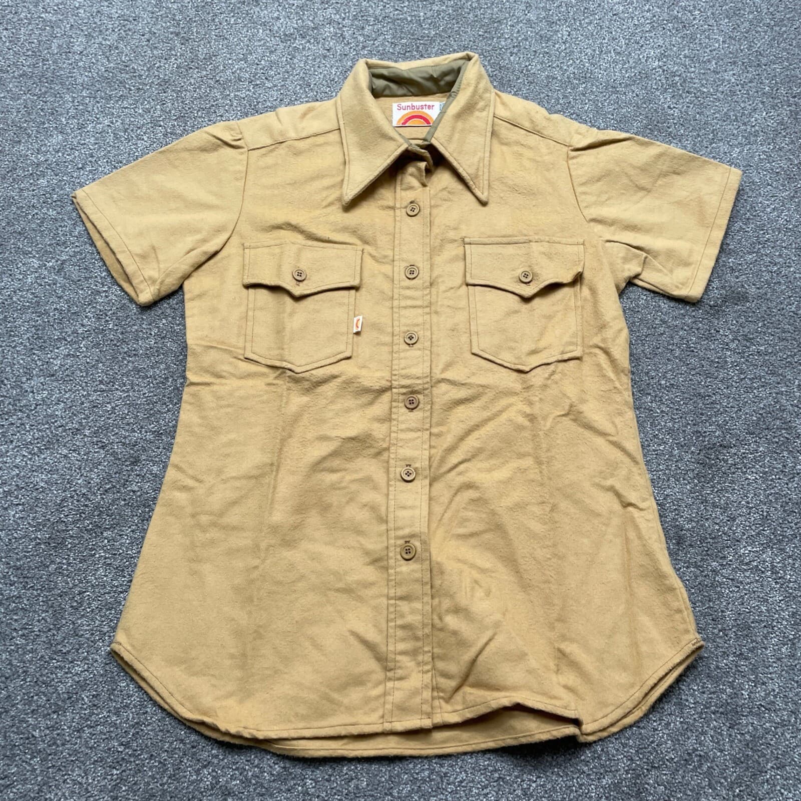 VINTAGE Sunbuster Shirt Large Beige Short Sleeve Western Pockets