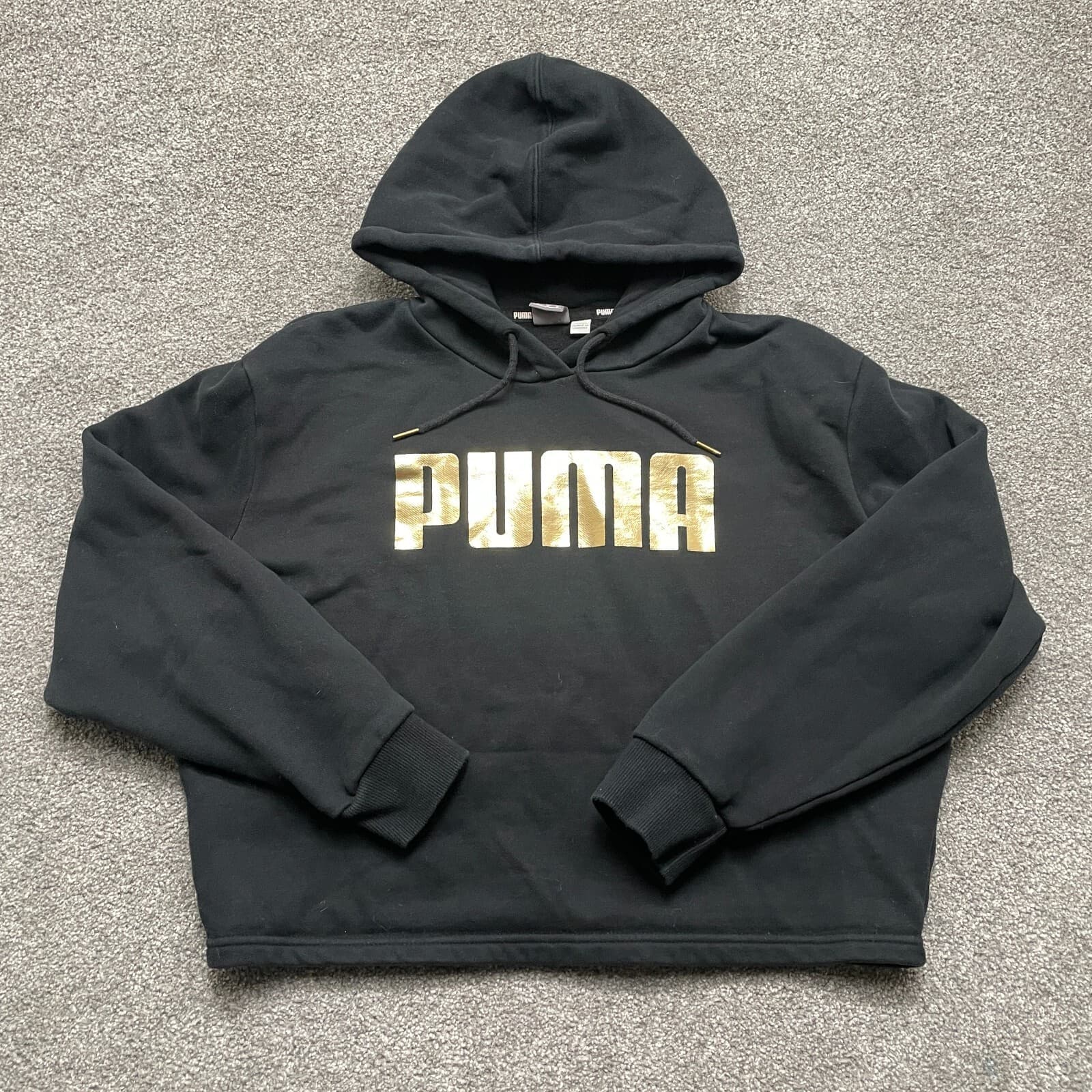 Puma Hoodie Women Medium Black Gold Metallic Logo Cropped Pullover 581857-01