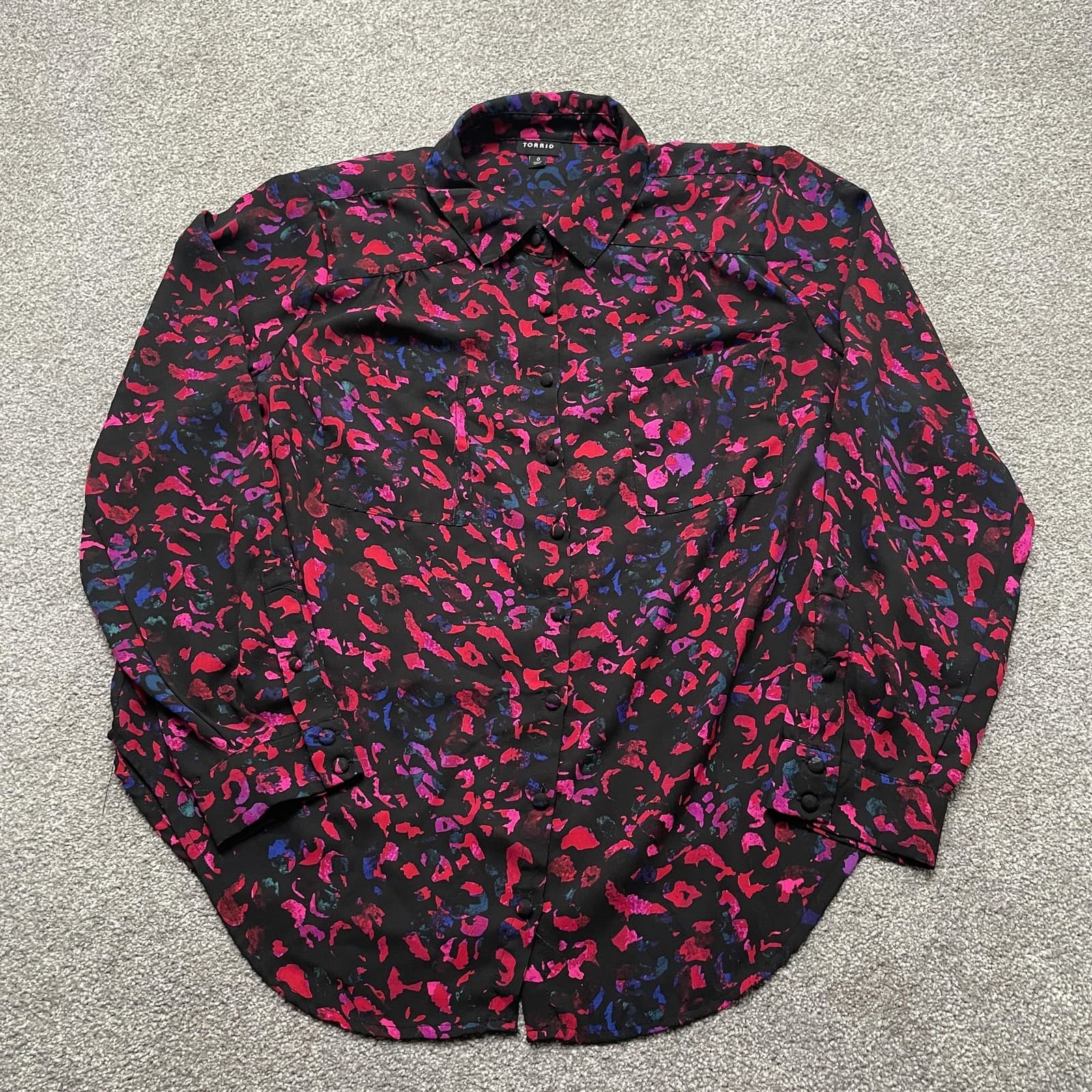 Torrid Shirt Womens 0 Black Pink Purple Leopard Button Up Long Sleeve Plus Top