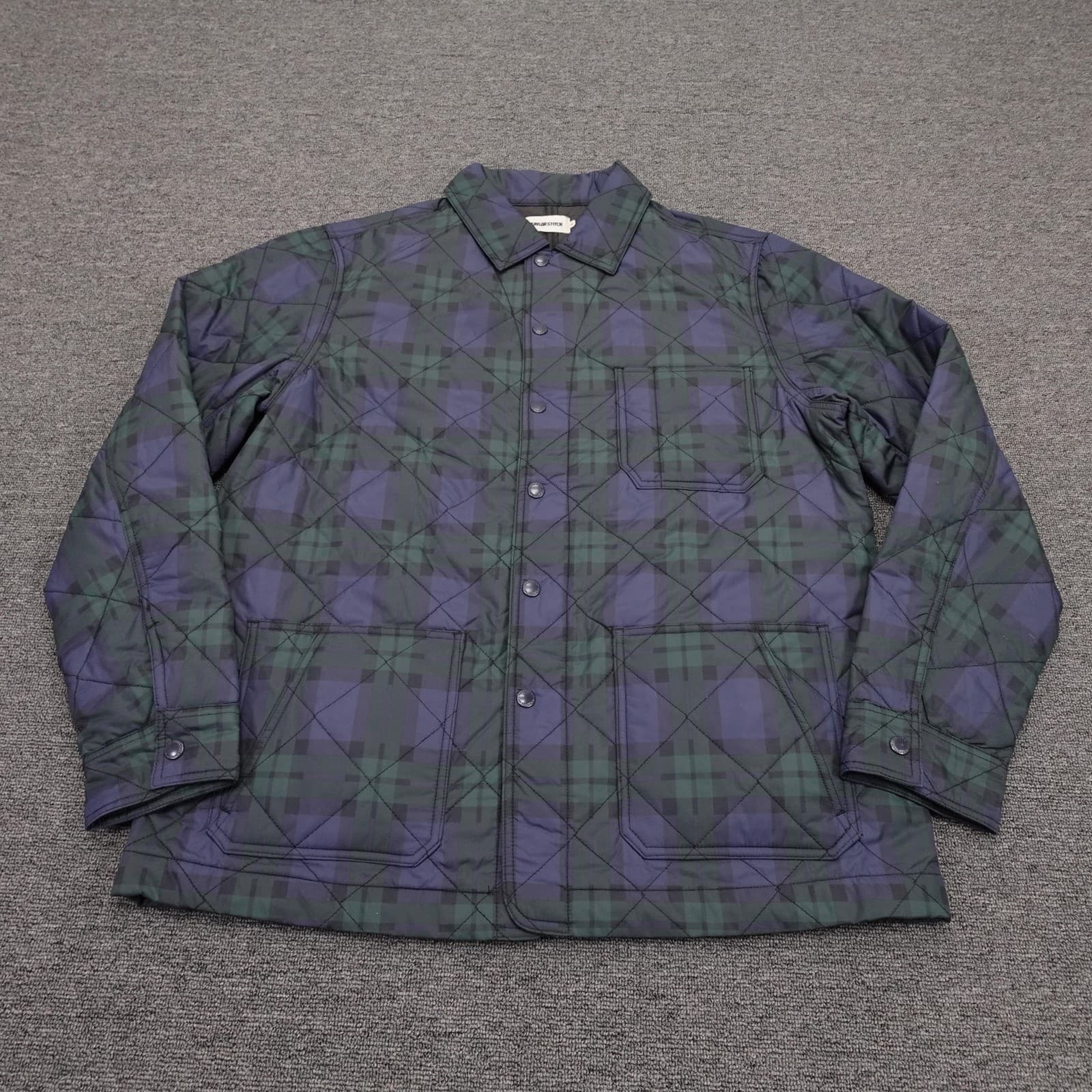 Taylor Stitch Jacket Mens 42 Green Plaid Quilted Nylon Snap Front Insulated