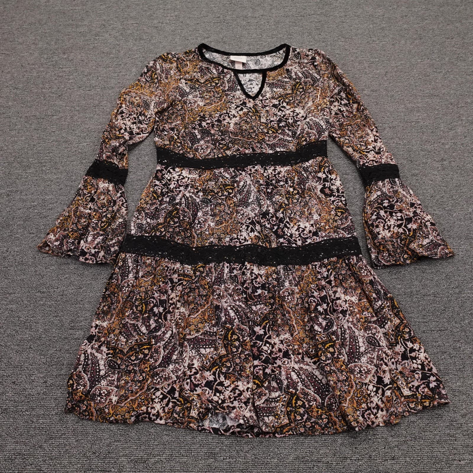 Knox Rose Dress Womens XS Multicolor Paisley Boho 3/4 Bell Sleeve Fit & Flare