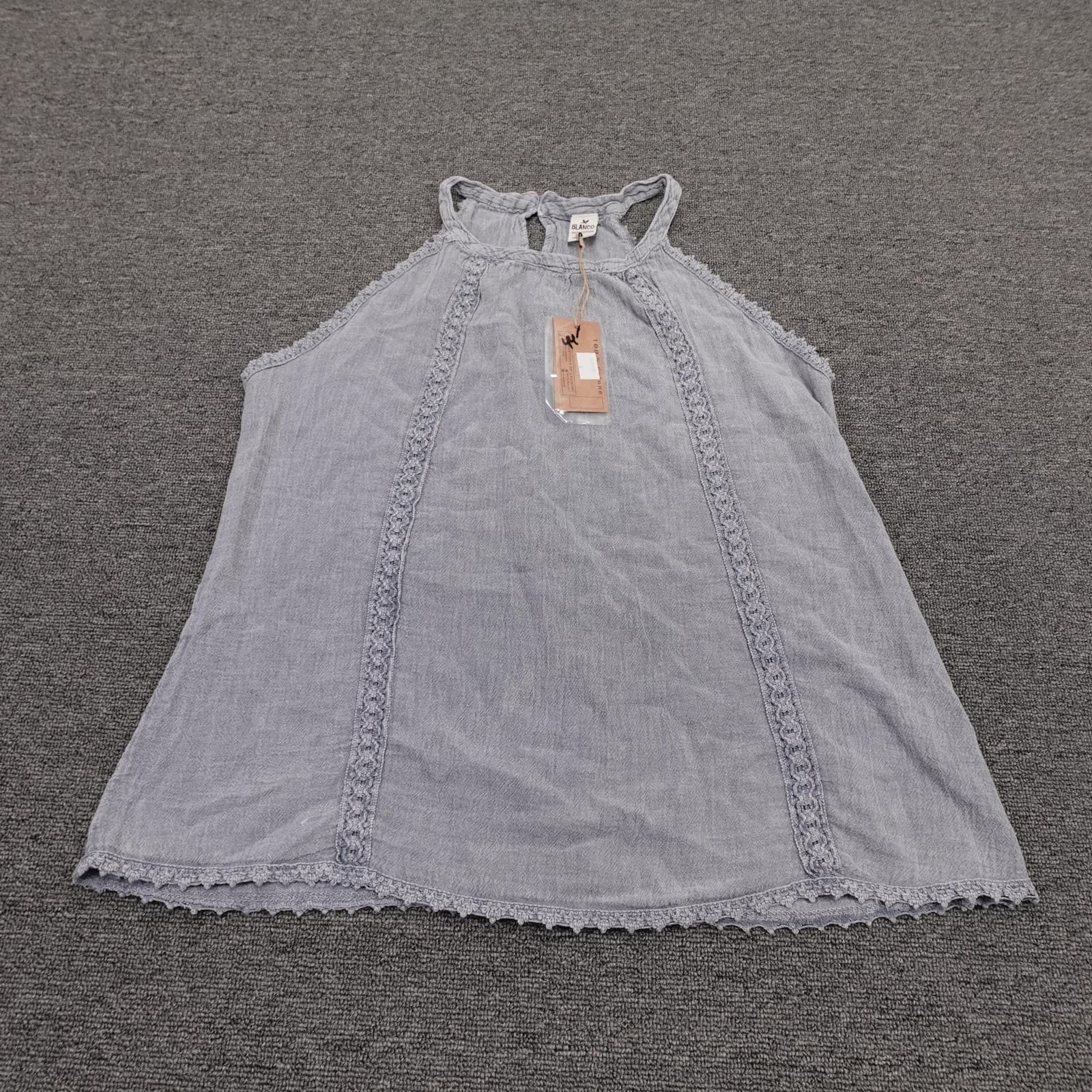 Blanco Tank Top Womens L Blue 100% Cotton Halter Crochet Trim Keyhole Back