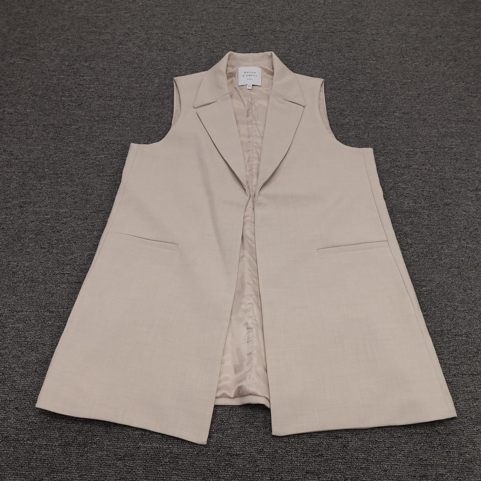 Maison D'Amélie Vest Womens Medium Beige Long Blazer Open Front Lined Twill