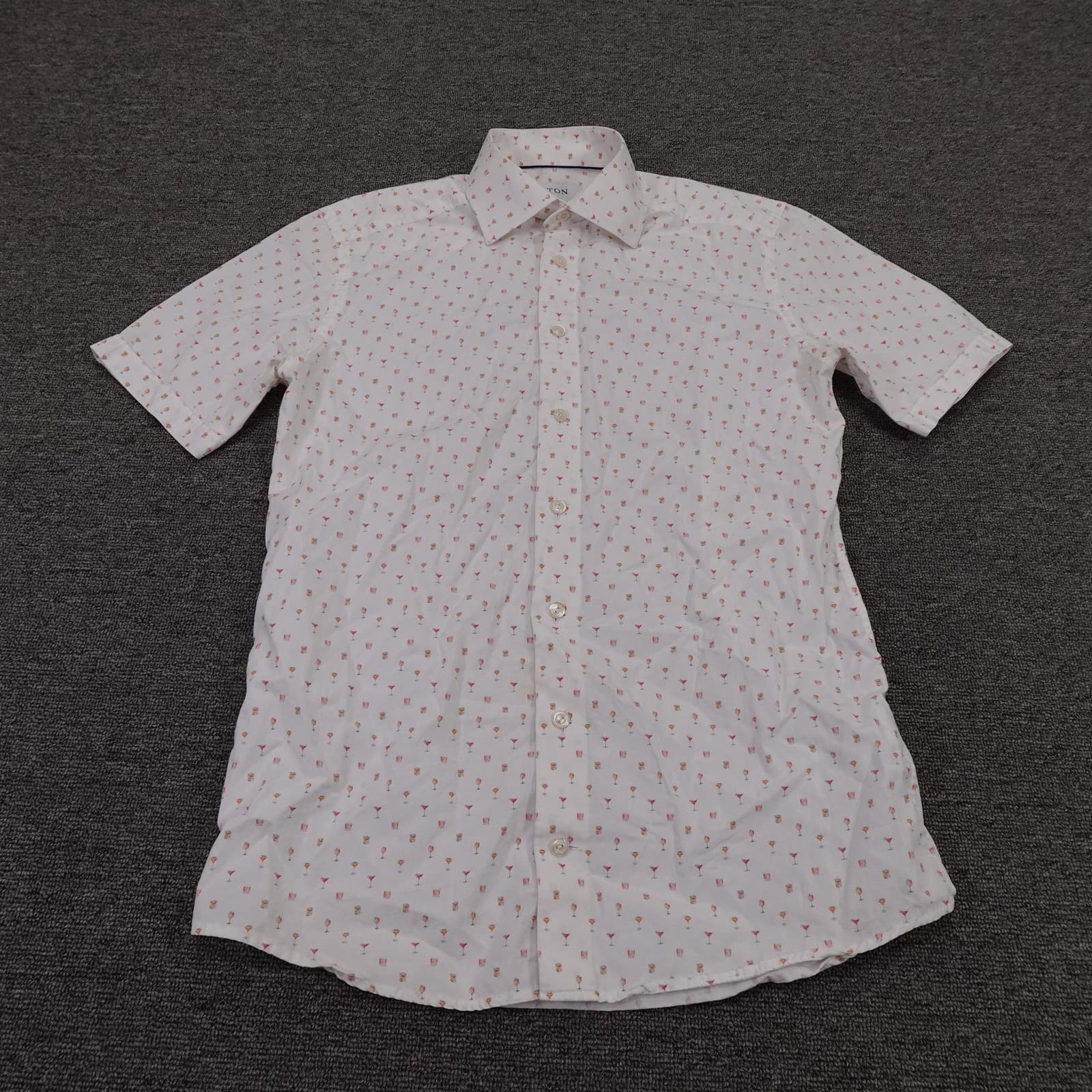 Eton Shirt Mens 38 White Cocktail Print Short Sleeve Button Up Slim Cotton