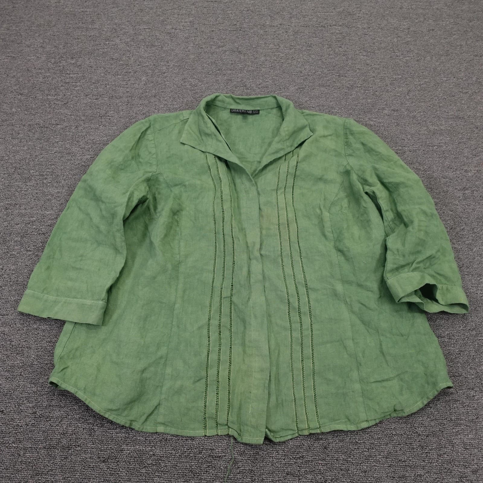 Lafayette 148 New York Tunic Top Womens 18 Green Linen Collared 3/4 Sleeve