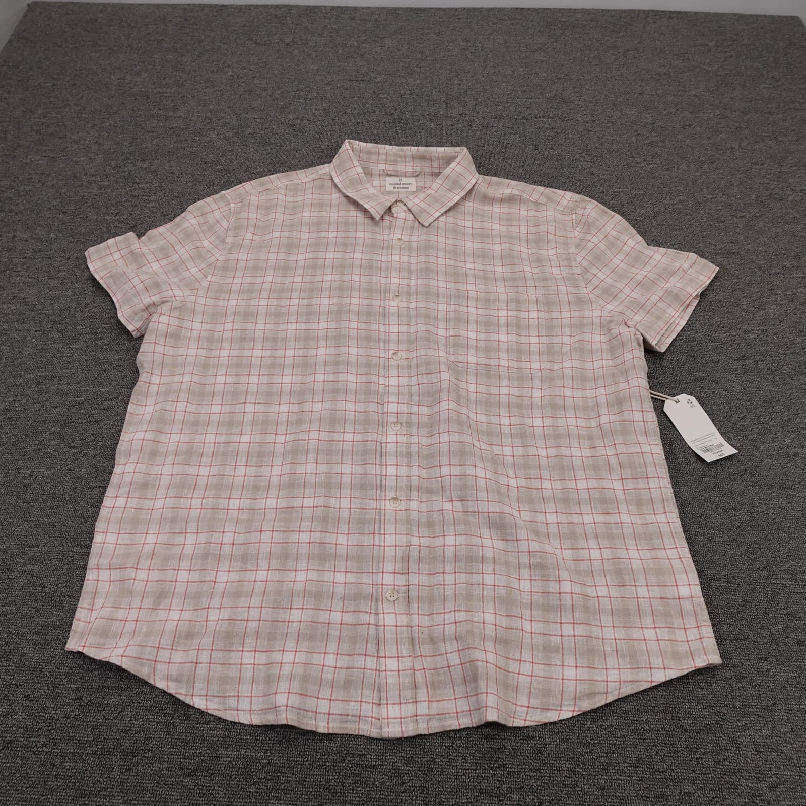Mutual Weave Shirt Mens 2XL Beige Plaid Linen Cotton Short Sleeve Button Up