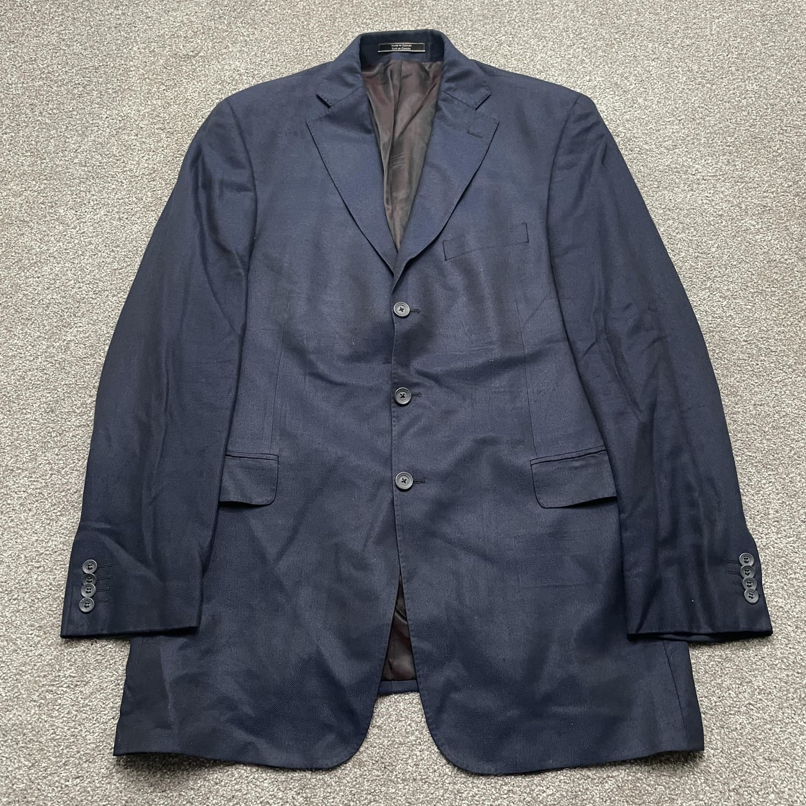Saks Fifth Avenue Blazer Mens 42L Navy 3 Button Bamboo Notch Lapel Double Vent