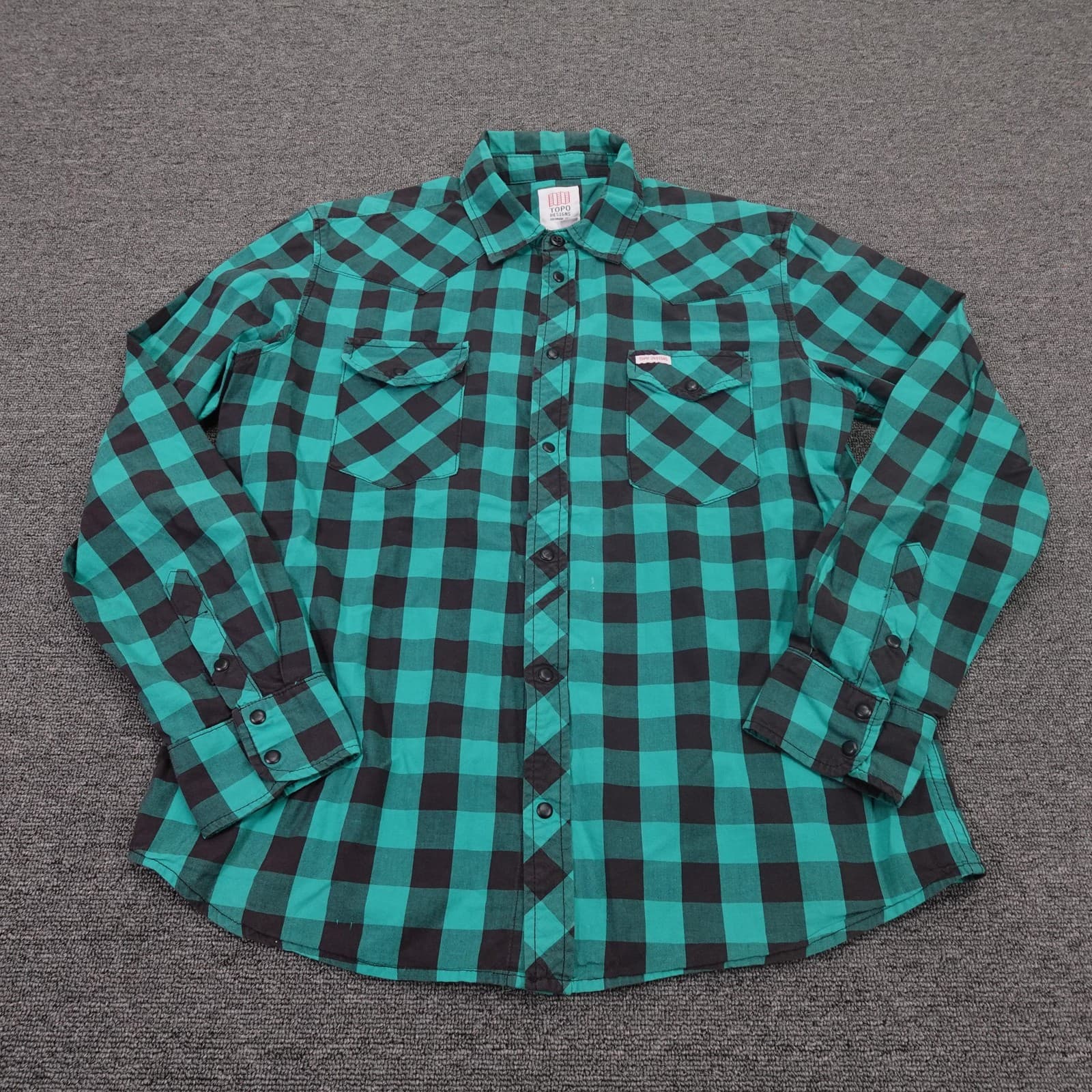 Topo Designs Shirt Mens Large Green Plaid Flannel Long Sleeve Western Snap USA