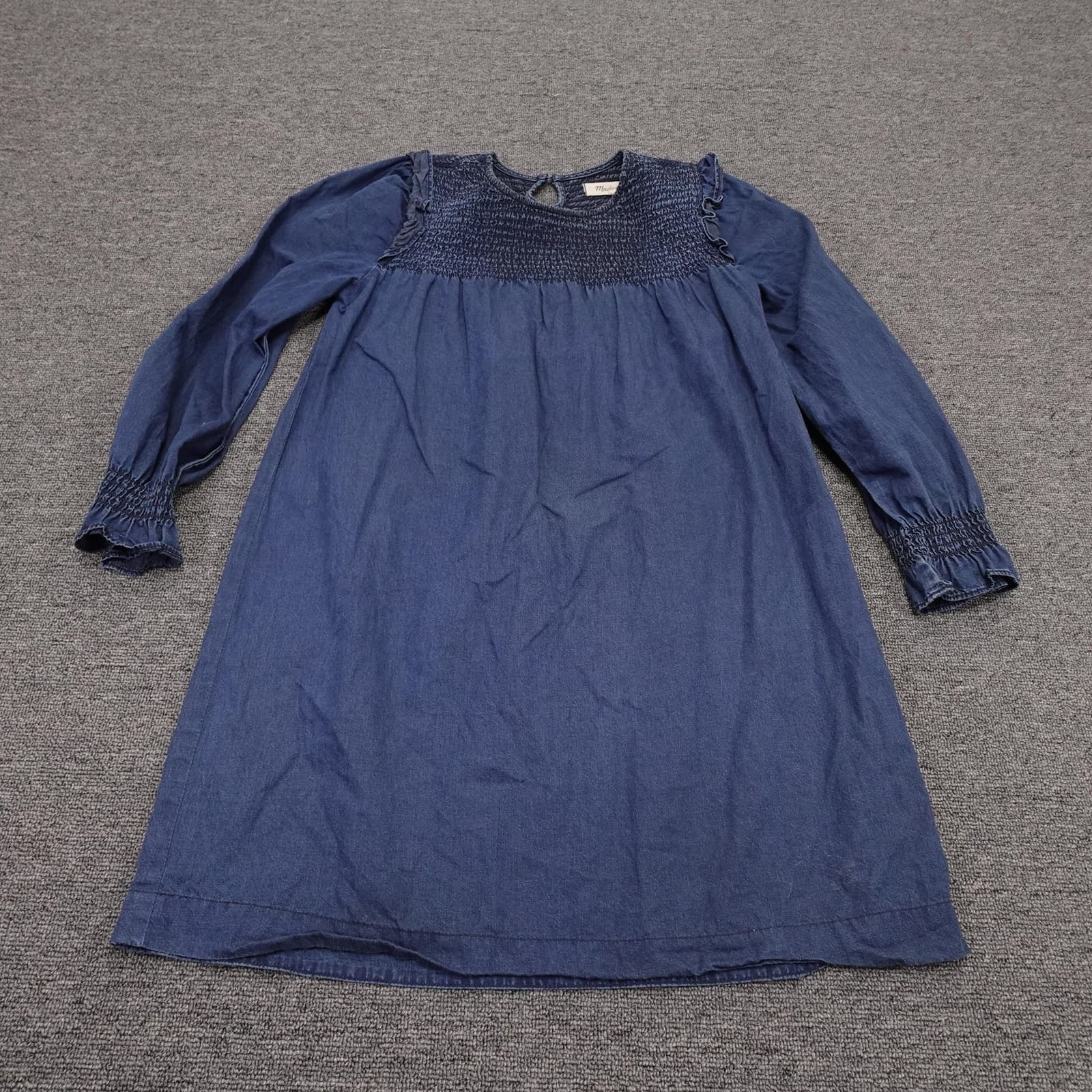 Madewell Dress Womens XXS Blue Chambray Long Sleeve Smocked Shift Knee Length