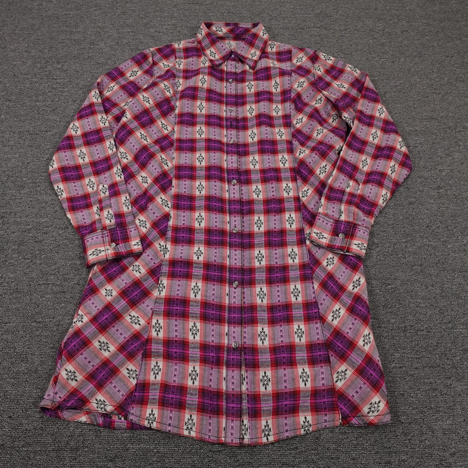Wrangler Shirt Dress Womens Large Pink Plaid Flannel Button Front Long Sleeve