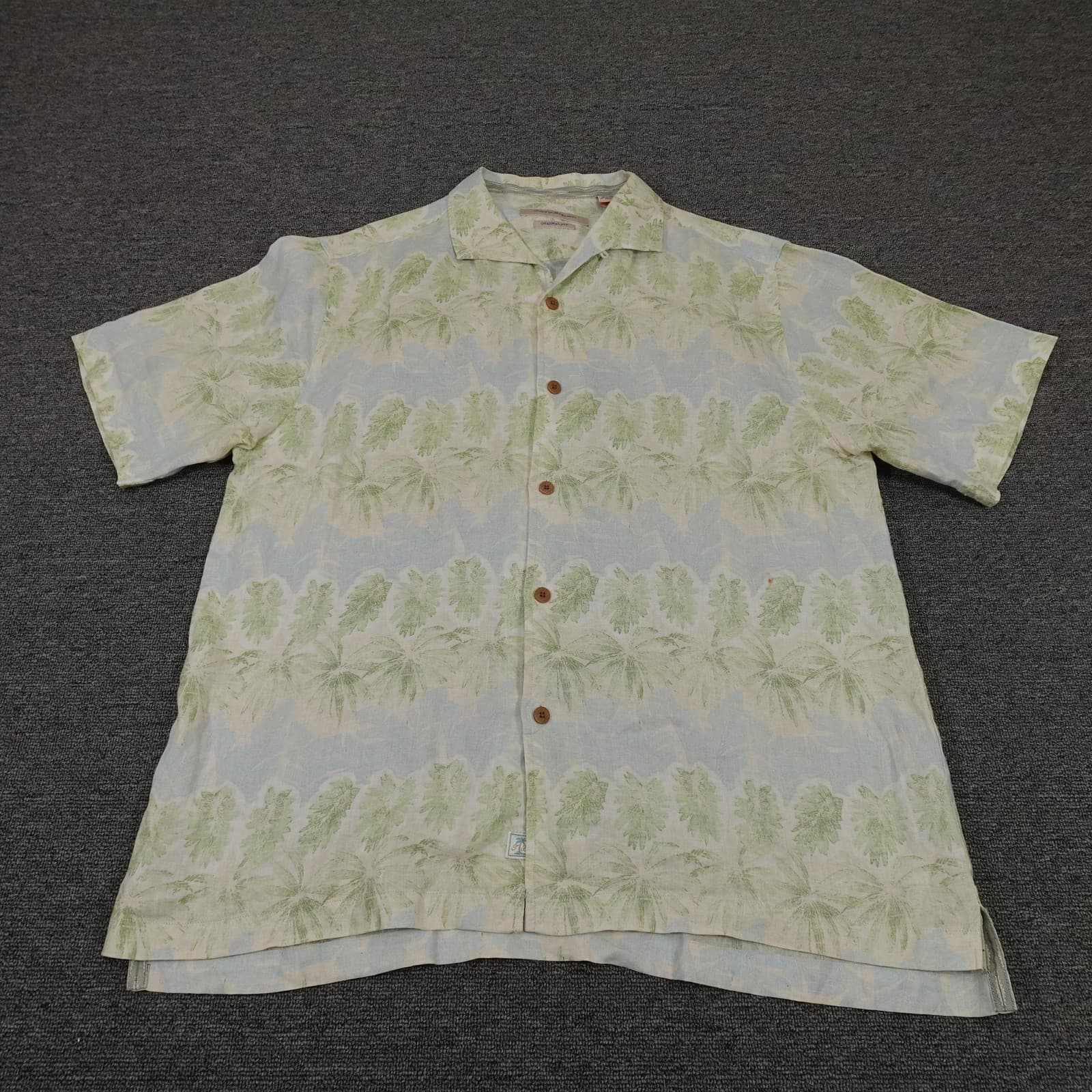 Tommy Bahama Shirt Mens Large Blue Leaf Linen Hawaiian Short Sleeve Button Up