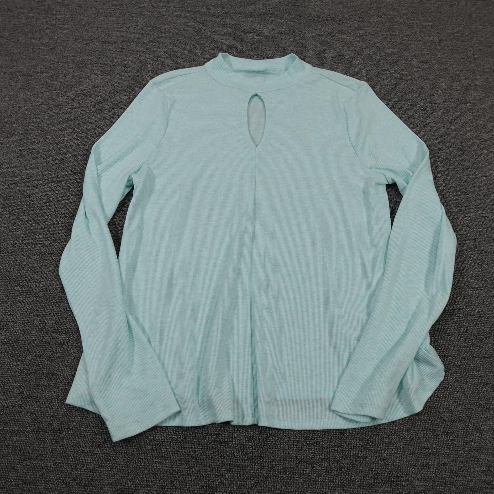 SO Shirt Juniors Large Blue Mock Neck Keyhole Long Sleeve Stretch Top Jersey