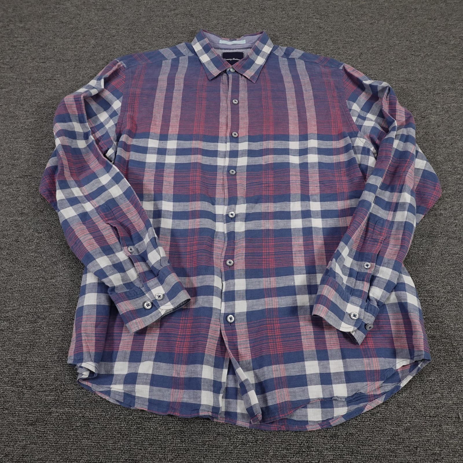 Tommy Bahama Shirt Mens Large Blue Plaid Linen Cotton Button Front Long Sleeve