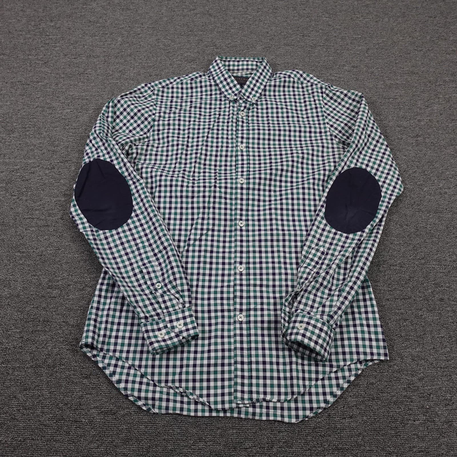 Zara Man Shirt Mens Medium Multicolor Check Long Sleeve Elbow Patch Slim Fit