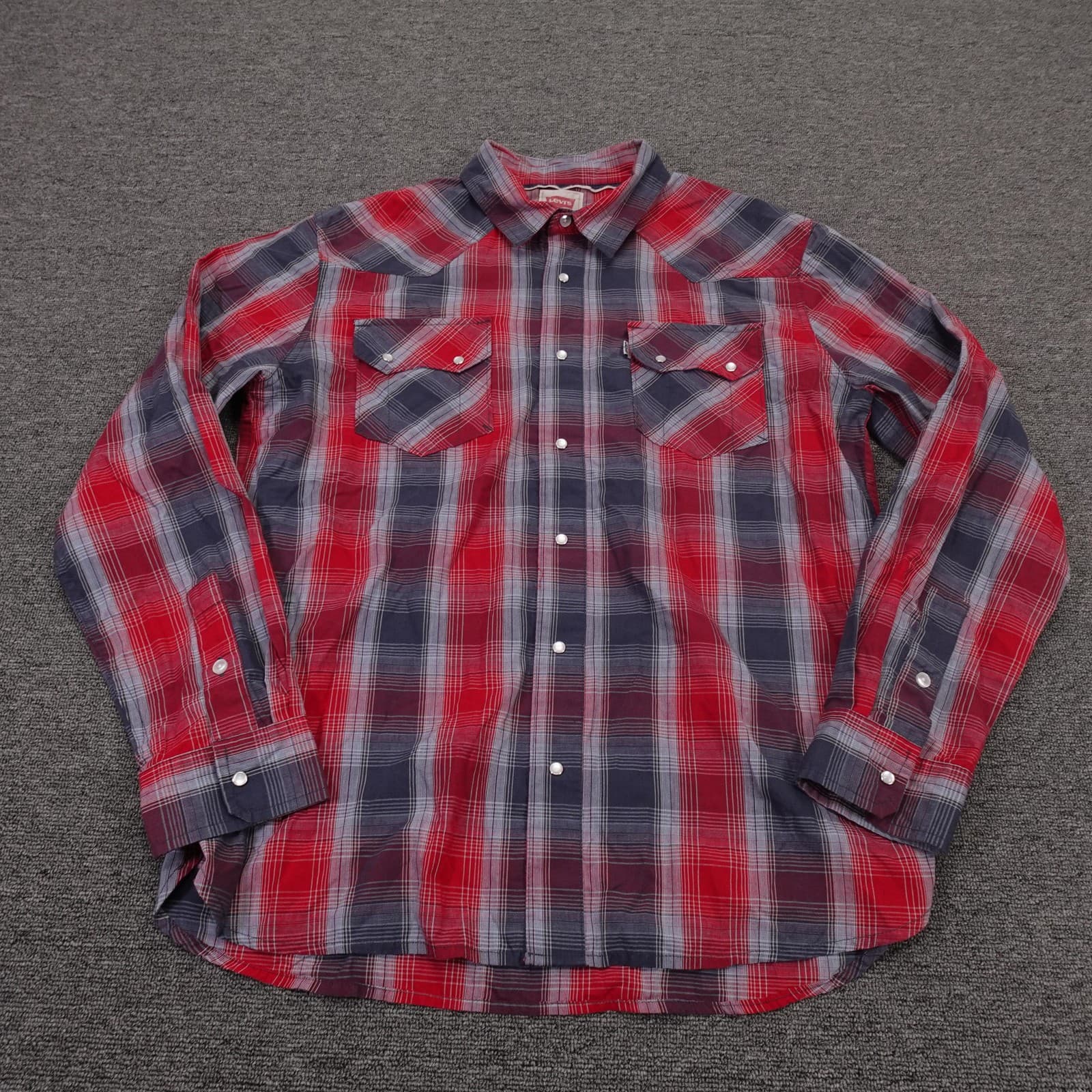 Levis Shirt Mens Large Red Plaid Long Sleeve Western Snap Cowboy Casual