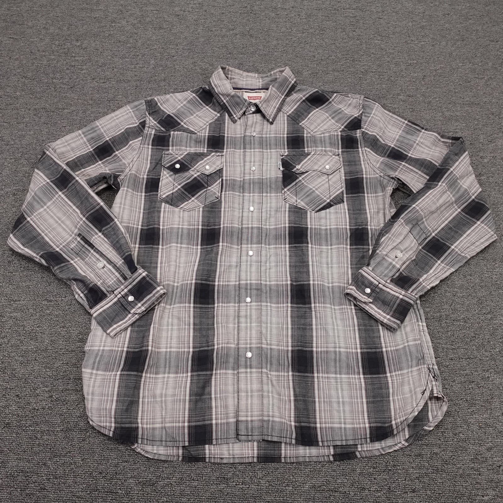 Levis Shirt Mens Medium Gray Plaid Long Sleeve Western Snap Cowboy Casual Woven