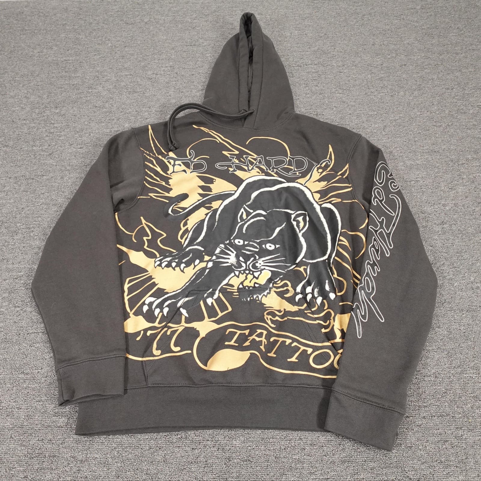 Ed Hardy Hoodie Mens Medium Gray Panther Eagle Tattoo Graphic Pullover Fleece