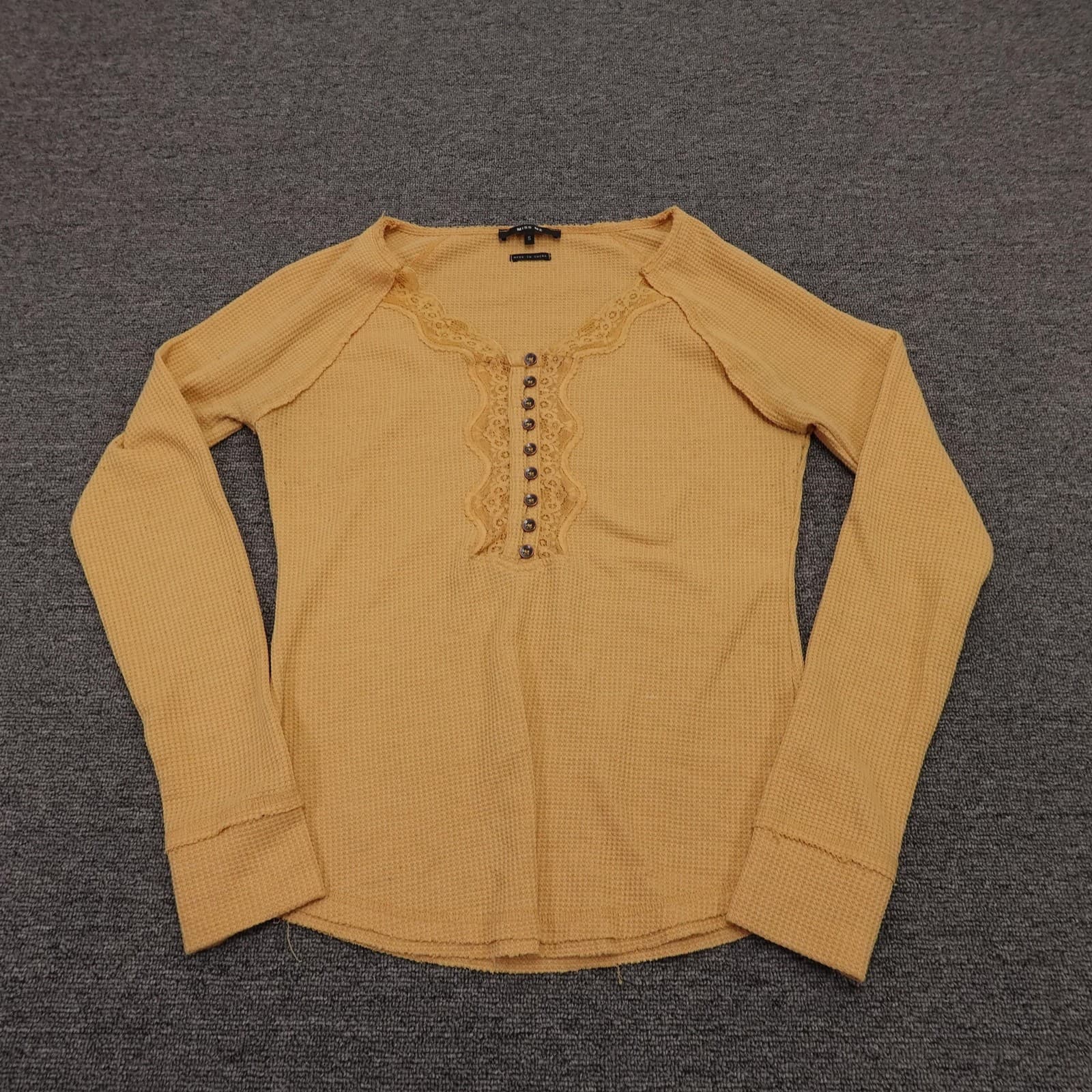 Miss Me Shirt Womens Small Yellow Thermal Waffle Knit Henley Long Sleeve Top