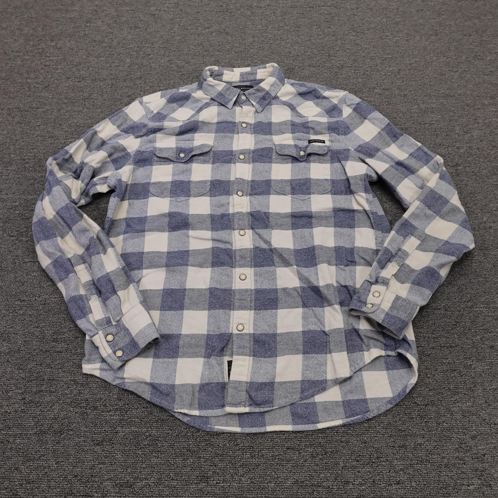 Lucky Brand Saturday Stretch Shirt Mens Medium Blue Plaid Long Sleeve Snap