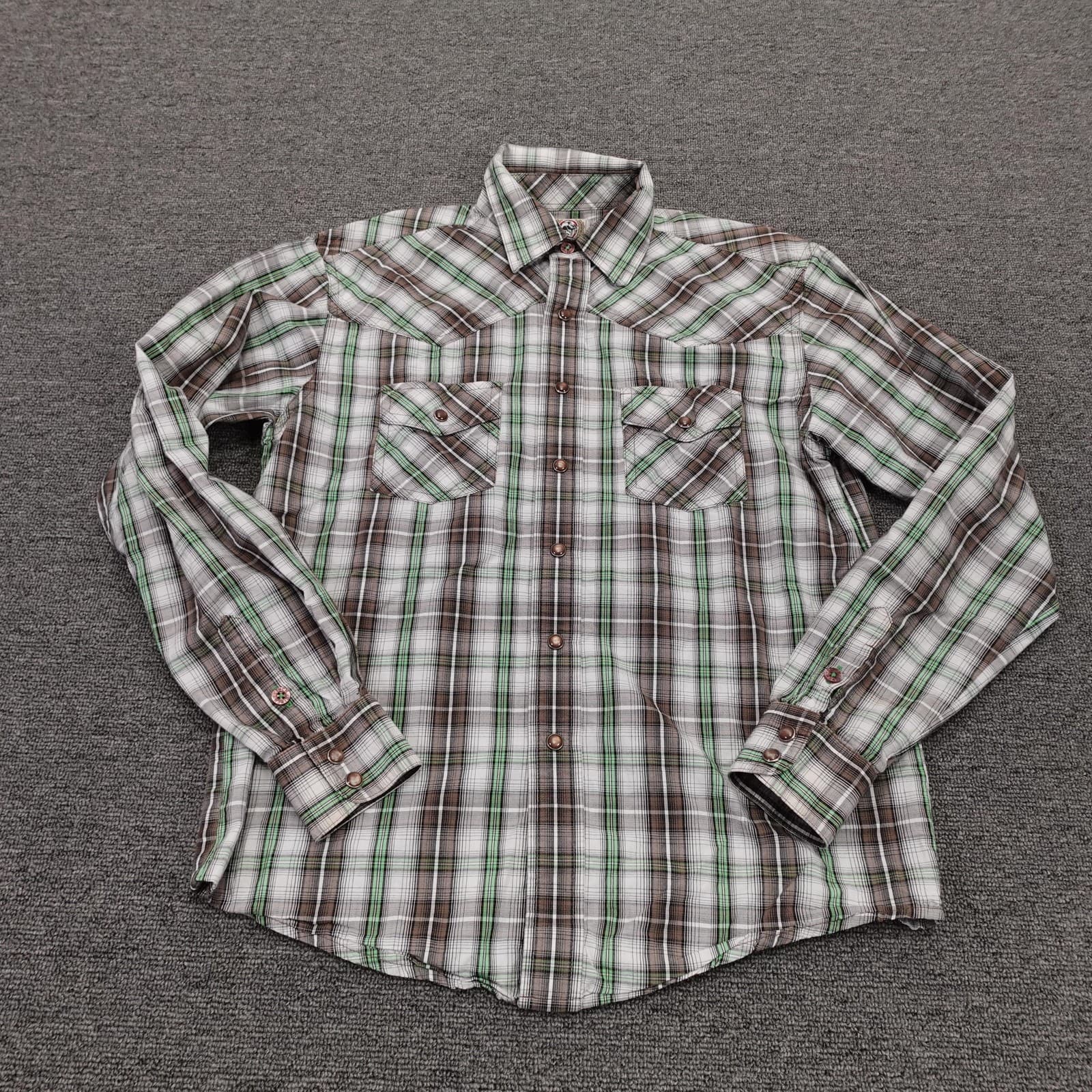 Cinch Shirt Boys Large Green Brown Plaid Long Sleeve Western Snap Cowboy Casual