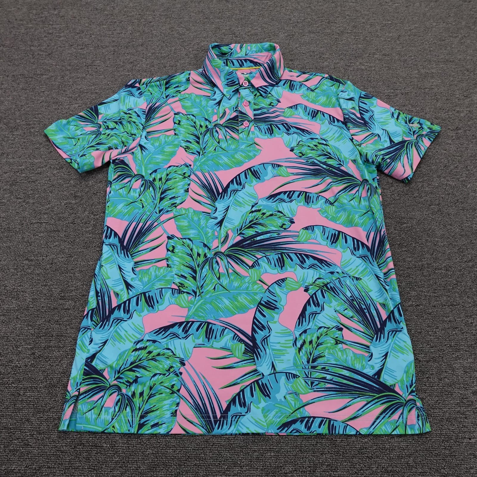 Birdie Bound Polo Shirt Mens Small Pink Tropical Palm Golf Performance Stretch