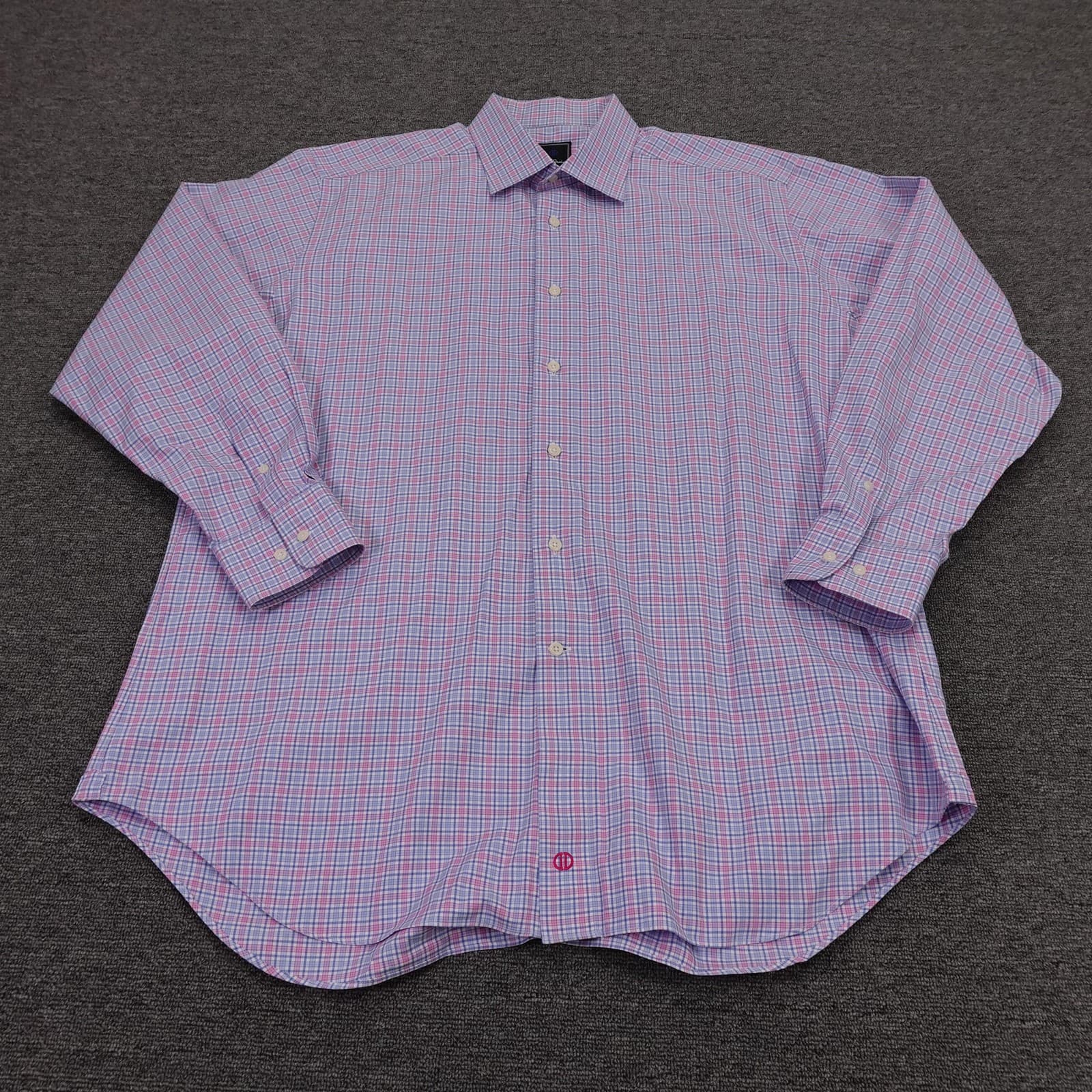 David Donahue Shirt Mens 17.5 34/35 Pink Blue Check Classic Cotton Dress