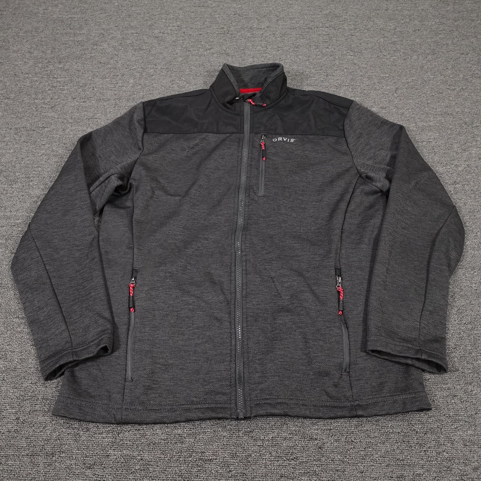Orvis Jacket Mens Medium Gray Fleece Full Zip Colorblock Hiking Outdoor Pockets