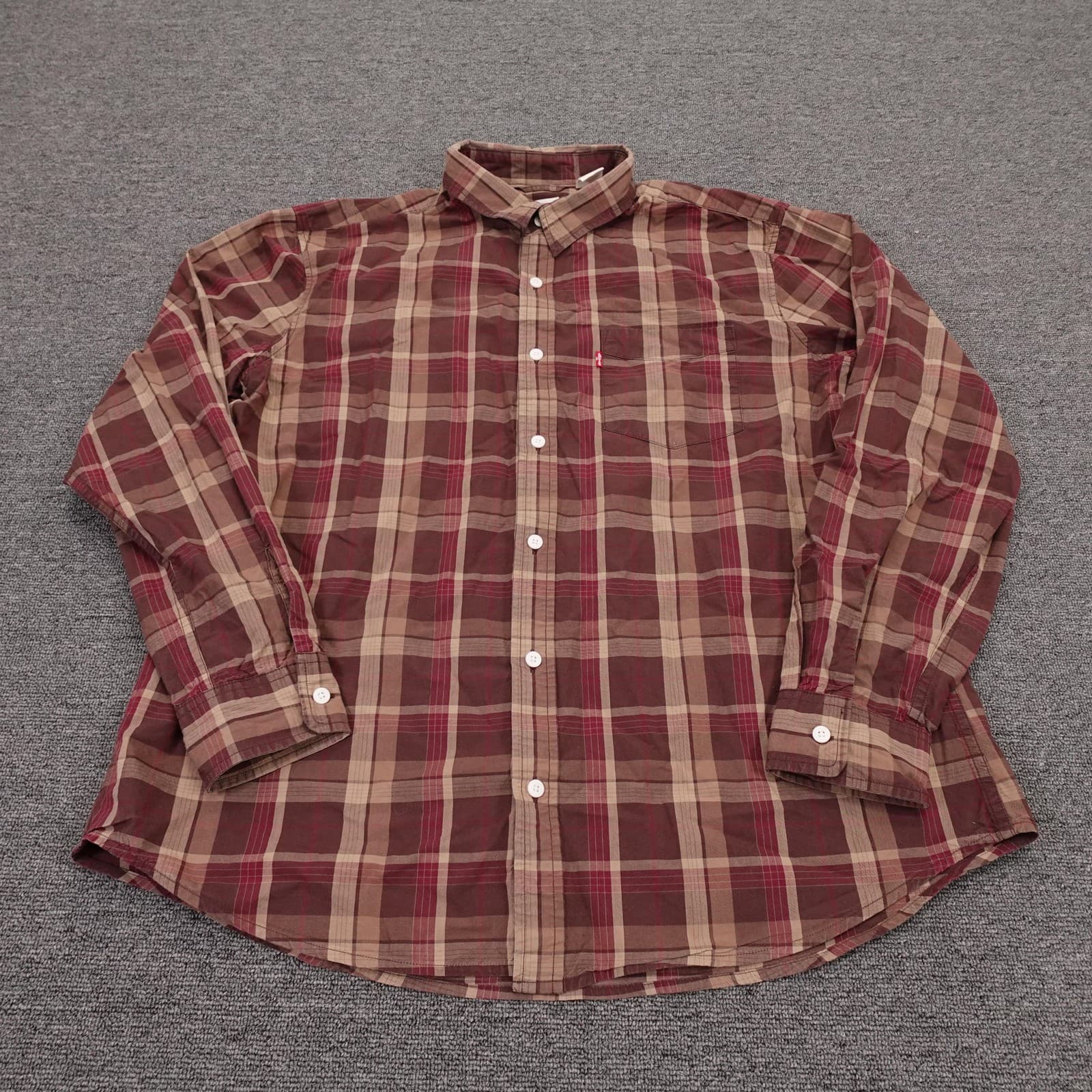 Levis Shirt Mens XL Brown Plaid Long Sleeve Button Up Casual Cotton Standard Fit