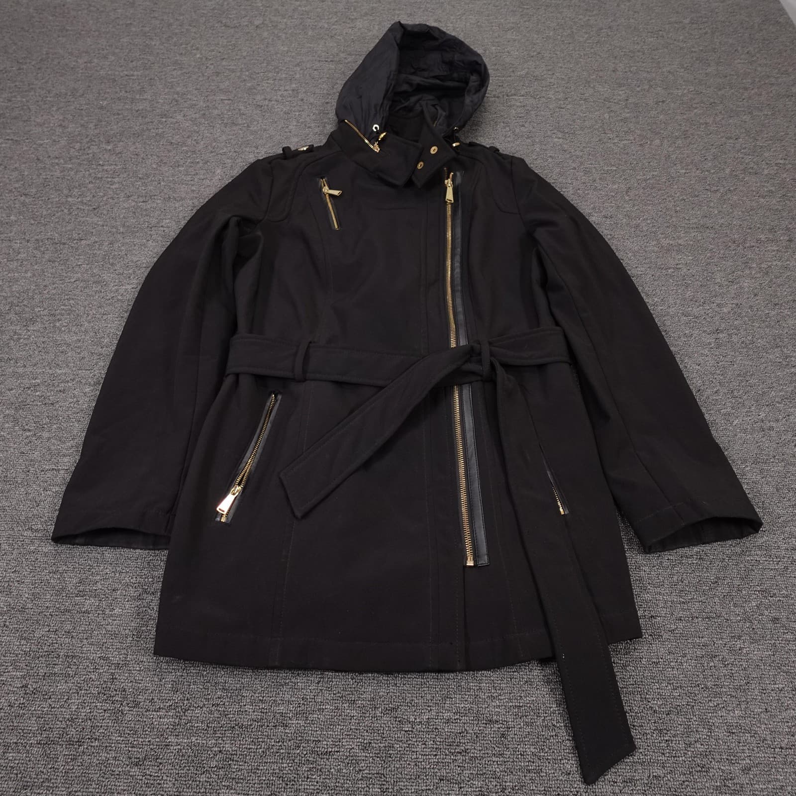 Michael Kors Coat Womens Small Black Belted Hooded Parka Fleece Lined Softshell