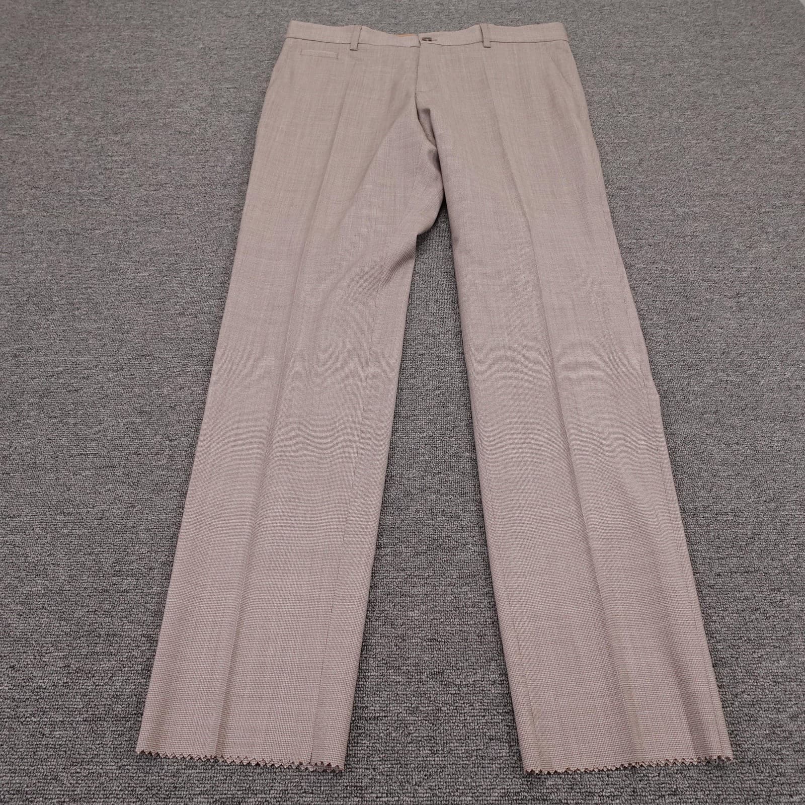 Boss Pants Mens 38x34 Beige Virgin Wool Check Flat Front Lined Dress Formal