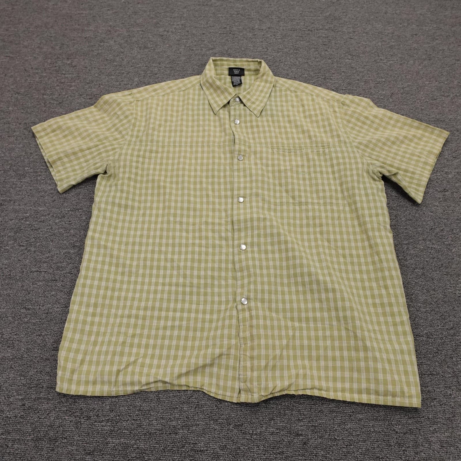 KAVU Shirt Mens Large Green Check Short Sleeve Button Up Casual Cotton Summer