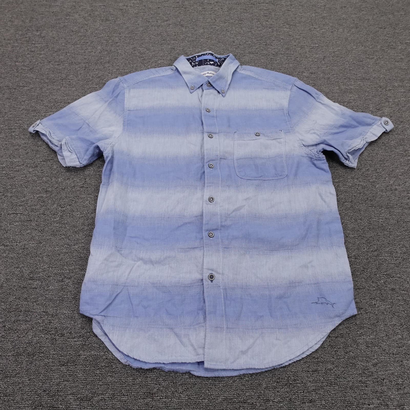 Tommy Bahama Shirt Mens Medium Blue Stripe Short Sleeve Button Up Cotton Casual