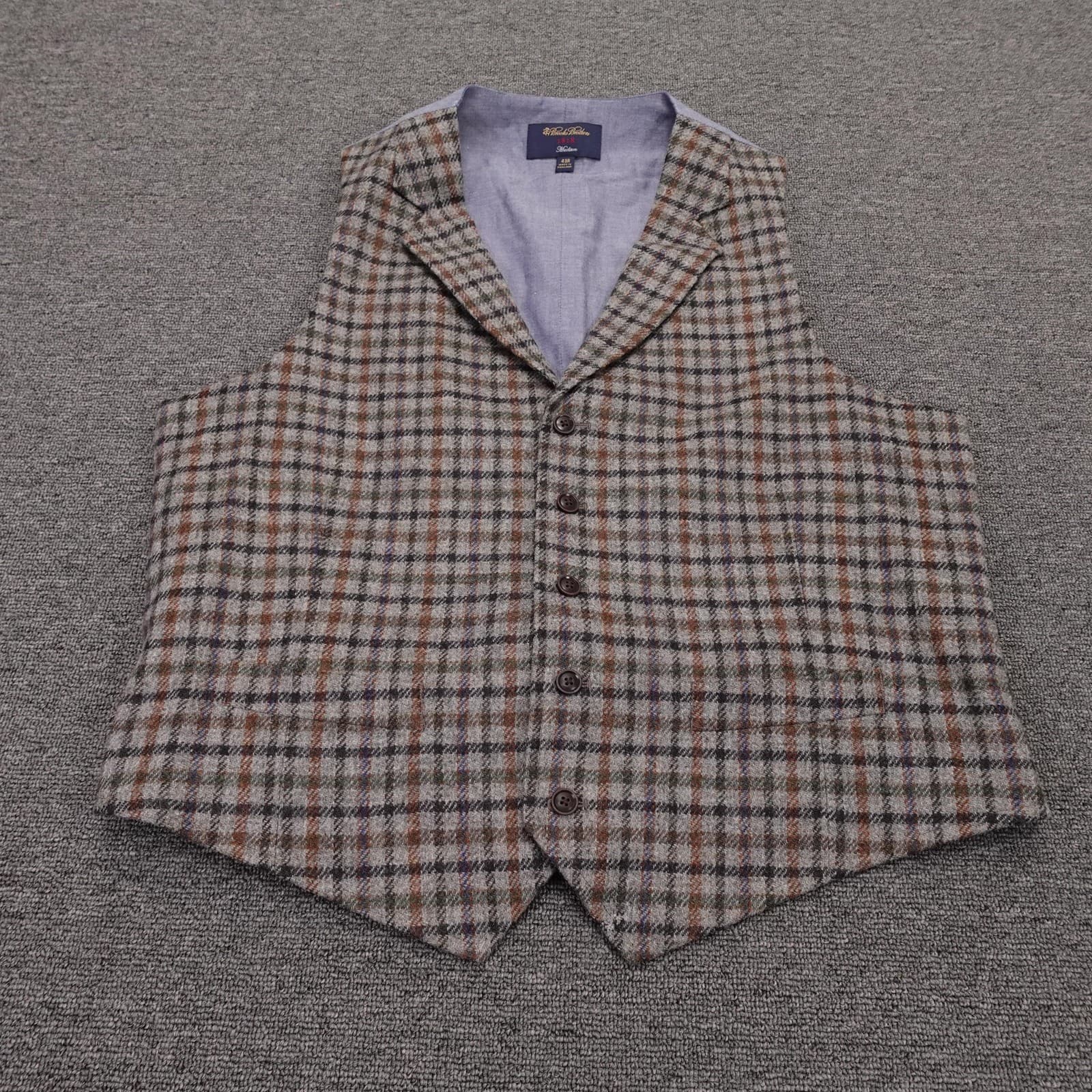 Brooks Brothers Suit Vest Mens 43R Gray Plaid Wool Tweed Belted 1818 Madison