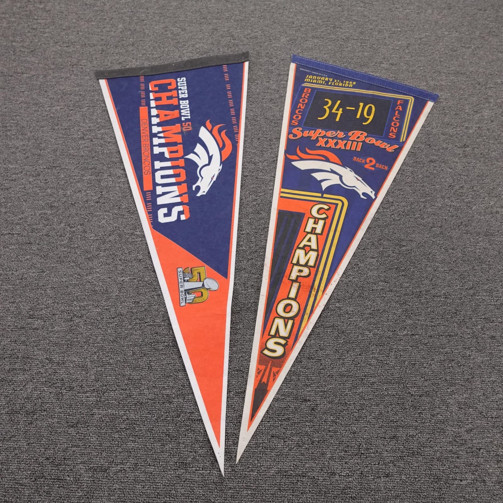 Vintage Denver Broncos Pennant Blue NFL Football Super Bowl Champions Lot Of 2