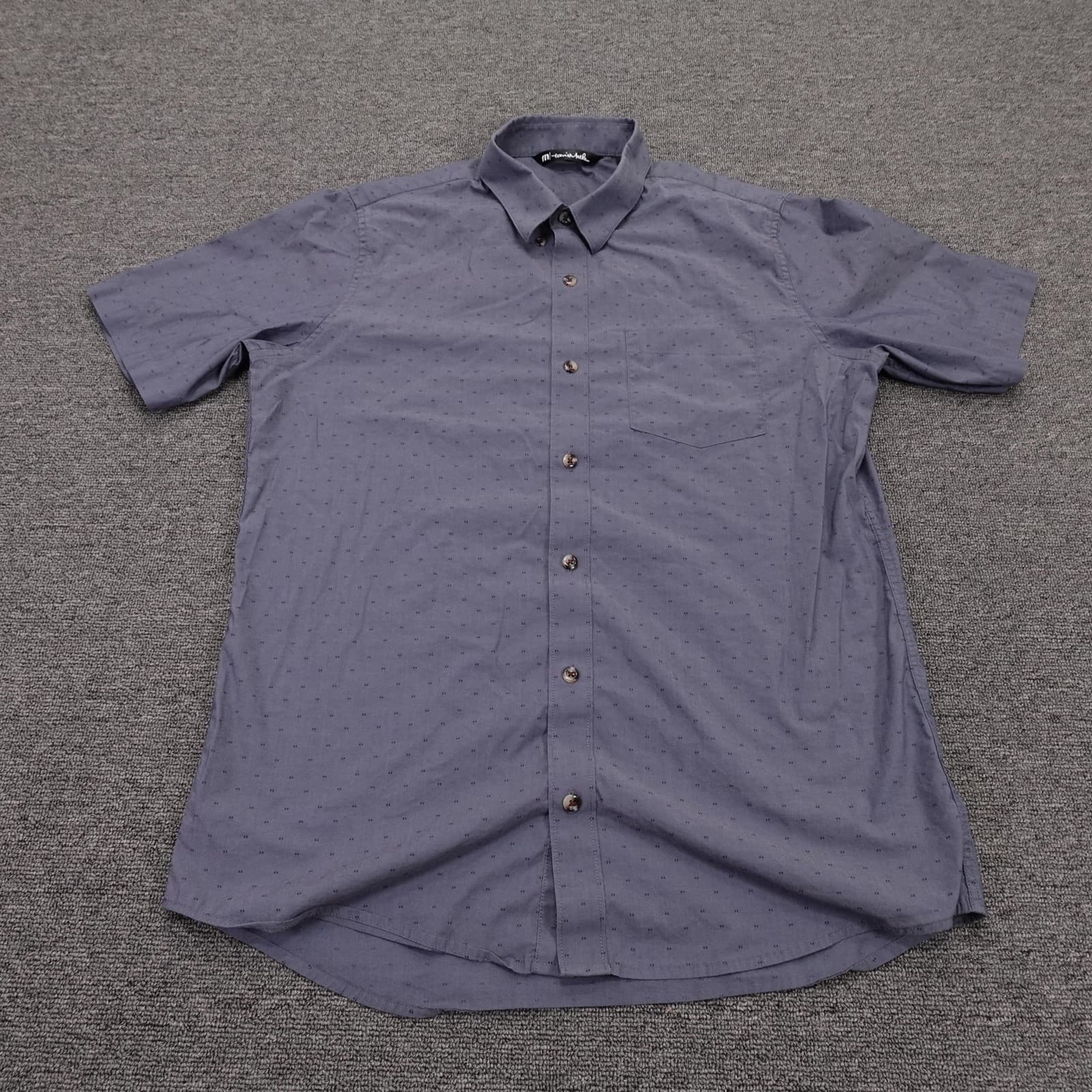 Travis Mathew Shirt Mens Medium Blue Polka Dot Short Sleeve Button Up Stretch