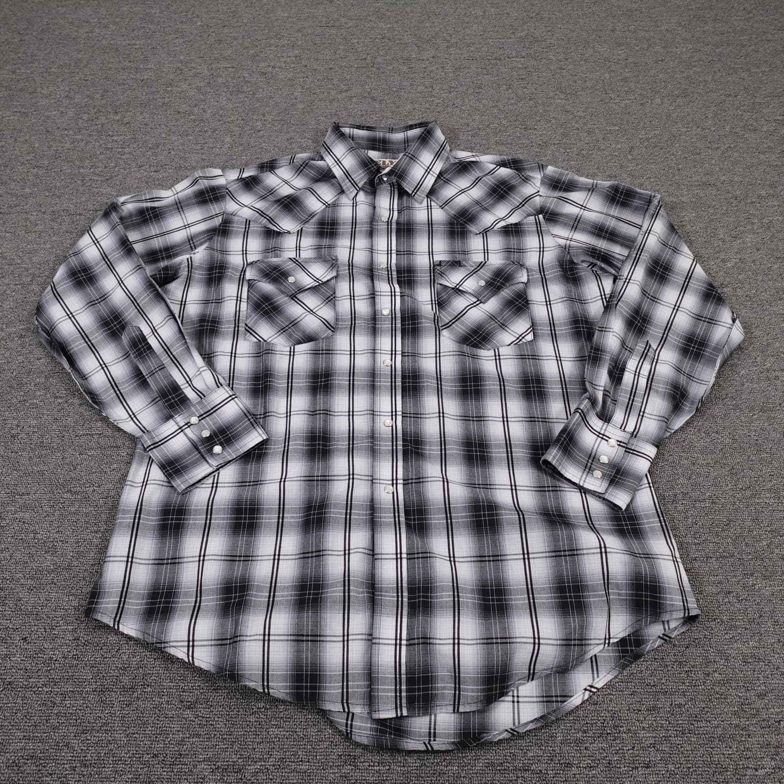 Ely Cattleman Shirt Mens Large Gray Plaid Western Snap Long Sleeve Casual