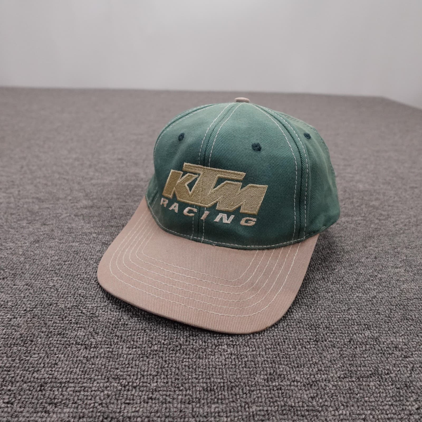 Vintage KTM Racing Hat Cap Strap Back One Size Green Tan Motocross MX Dirt Bike