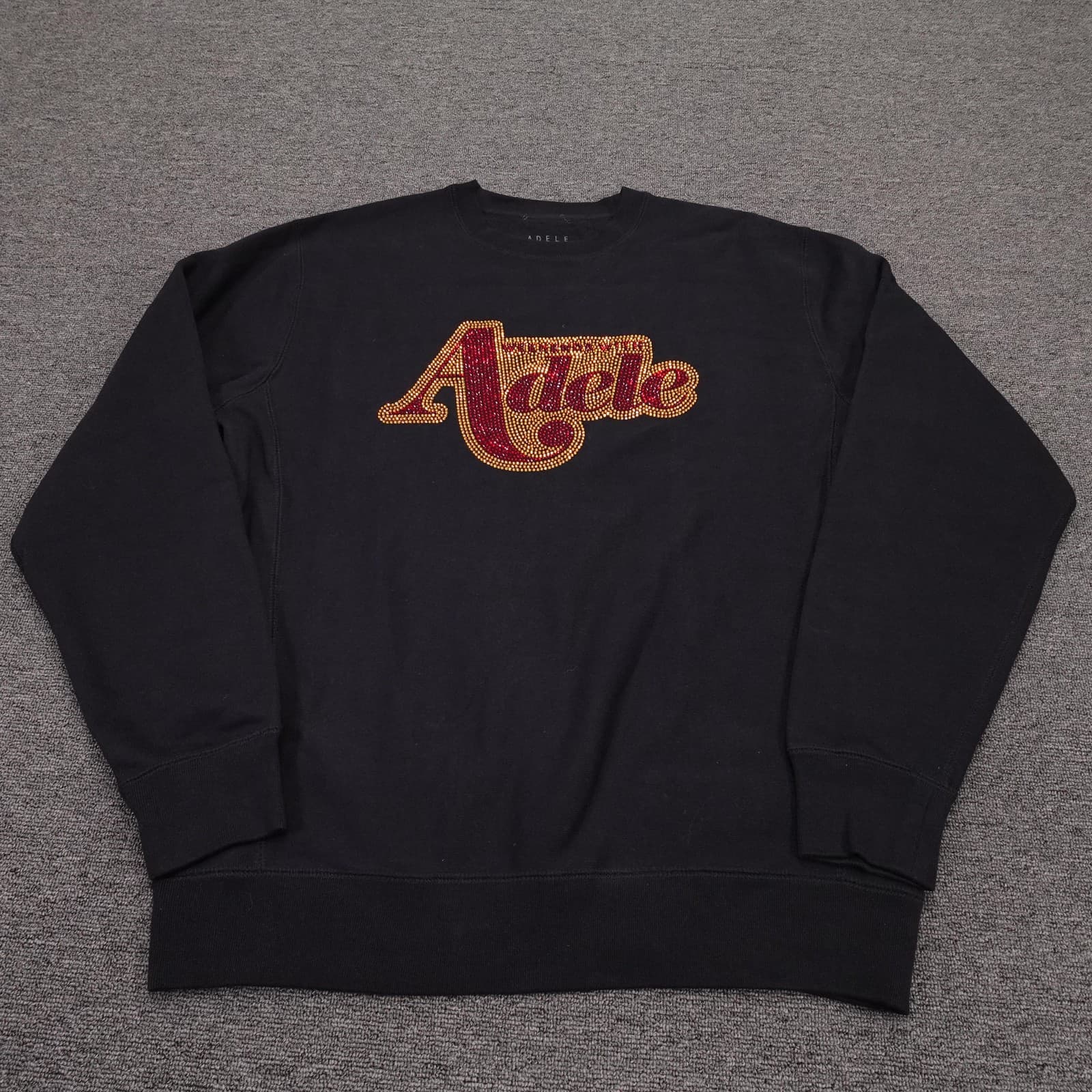Adele Sweatshirt Large Black Rhinestone Logo Crewneck Fleece Pullover