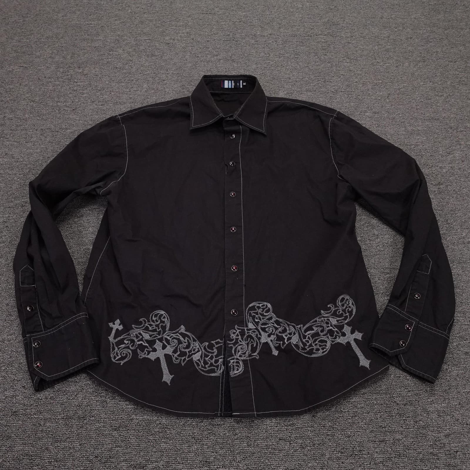 Toku Shirt Mens XL Black Cross Rhinestone Long Sleeve Button Up Rock Western