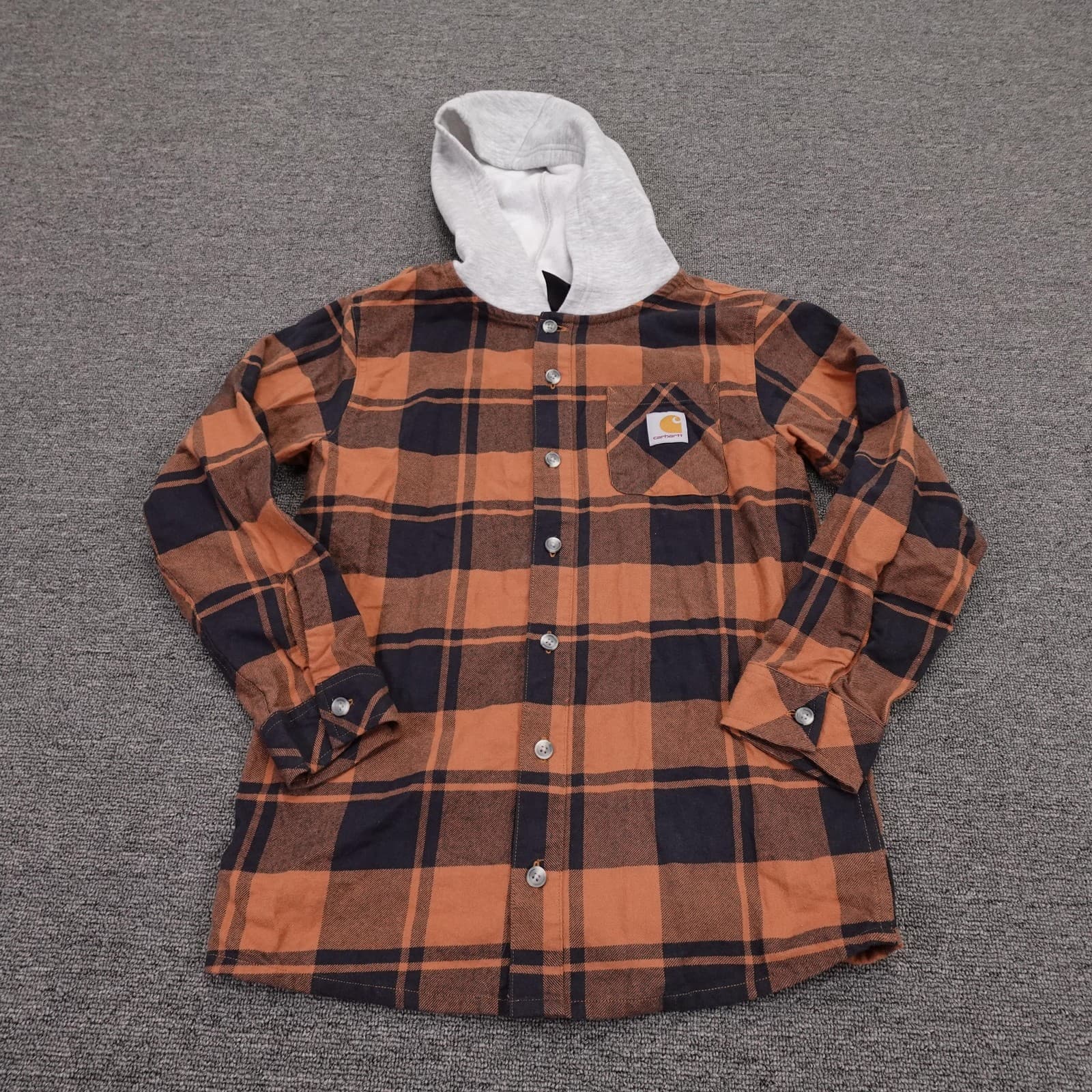 Carhartt Shirt Youth Medium 10-12 Orange Plaid Hooded Flannel Long Sleeve