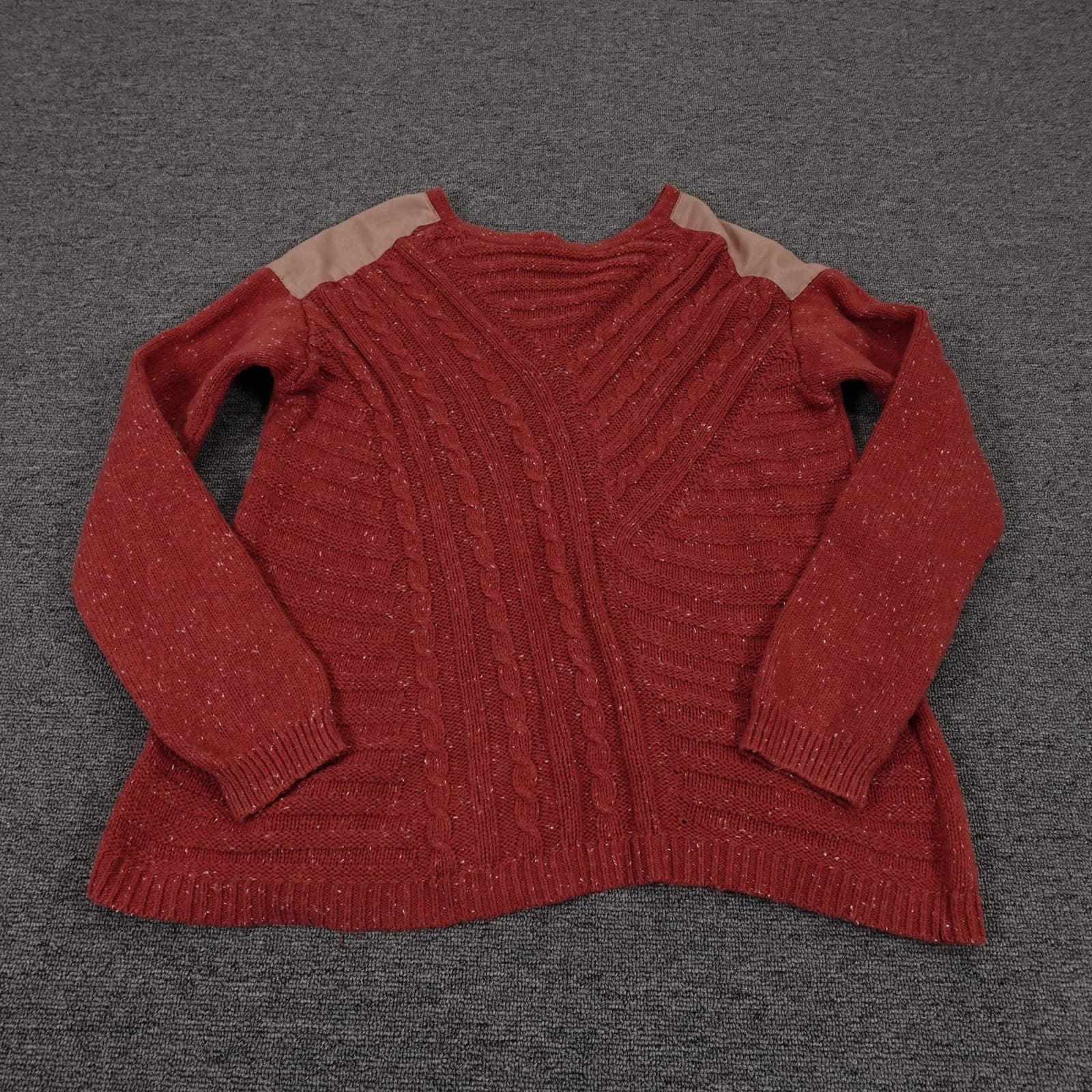 Hinge Sweater Womens Medium Red Cable Knit Faux Suede Shoulder Pullover