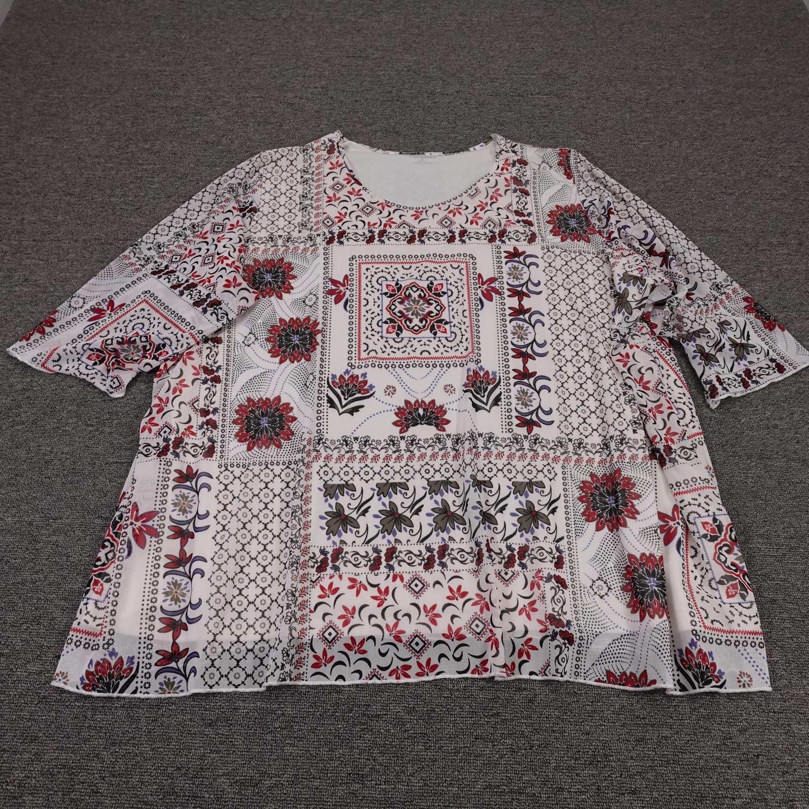 Catherines Blouse Womens 4X White Floral Print Lined 3/4 Sleeve Tunic Top
