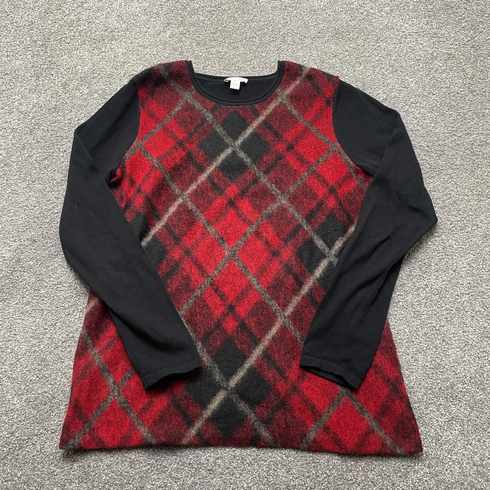 J. Jill Sweater Womens Small Red Black Argyle Wool Blend Front Long Sleeve Knit