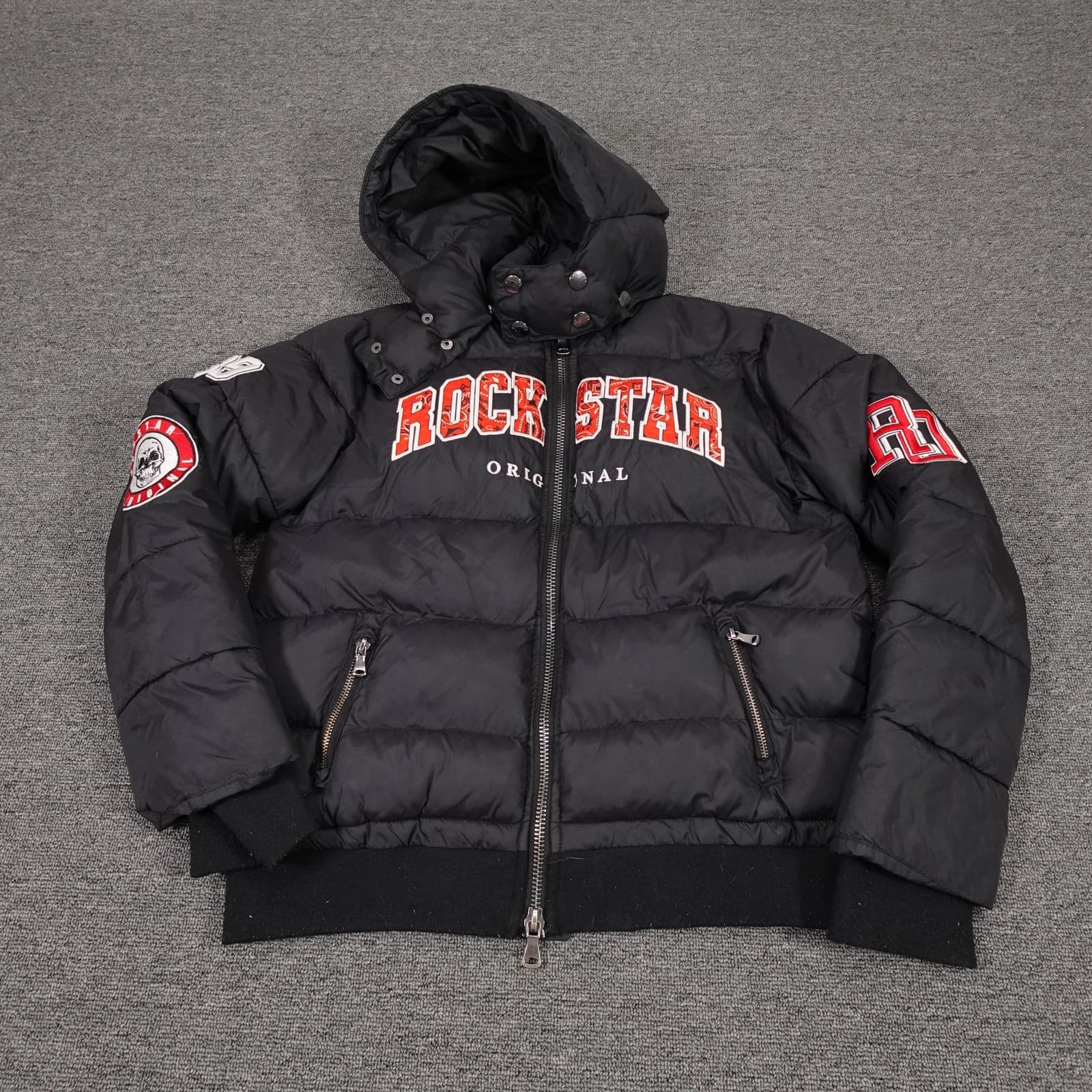 Rockstar Original Jacket Boys 14 Black Hooded Puffer Skull Patch Graphic