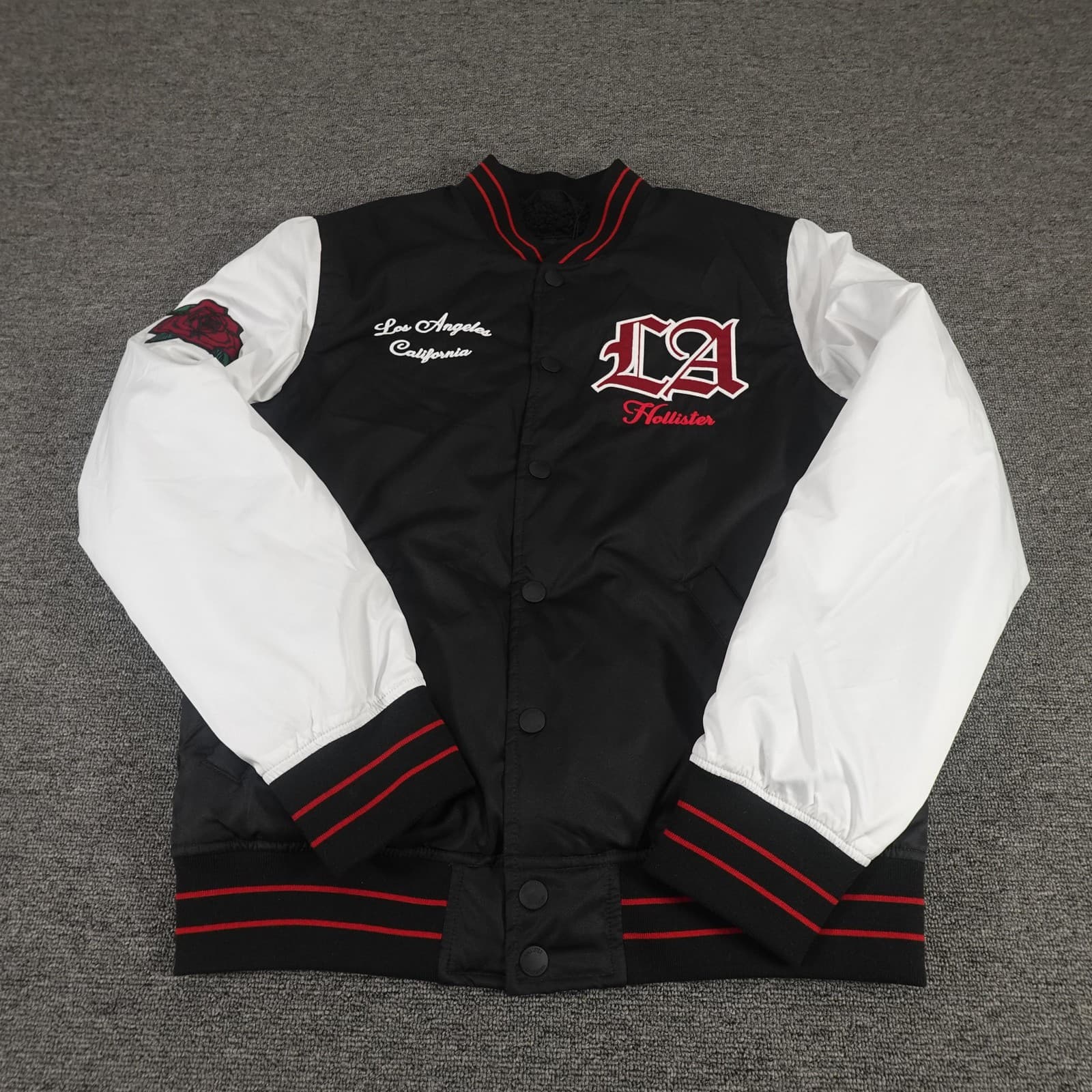 Hollister Varsity Jacket Small Black White Bomber LA Sherpa Lined Rose Patch