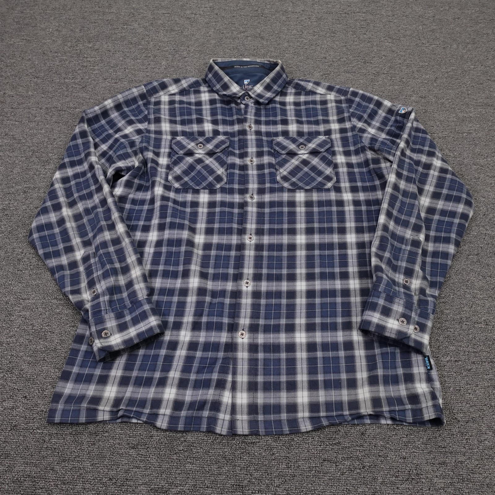 Kuhl Shirt Mens Medium Blue Plaid Flannel Long Sleeve Button Up Hiking Outdoor