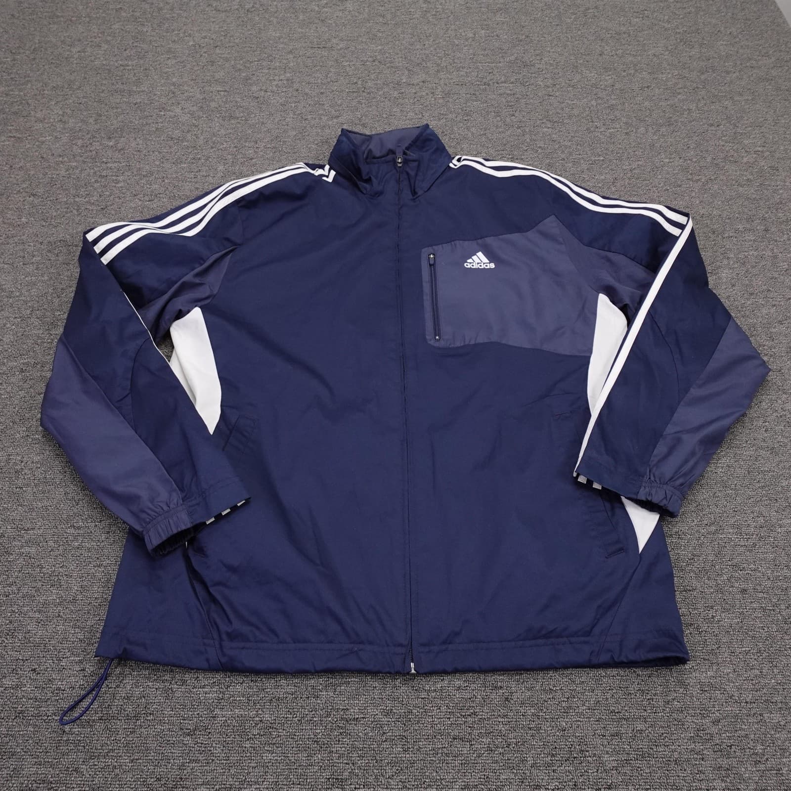Adidas Jacket Mens Large Blue Hooded Full Zip Windbreaker 3 Stripe X29694