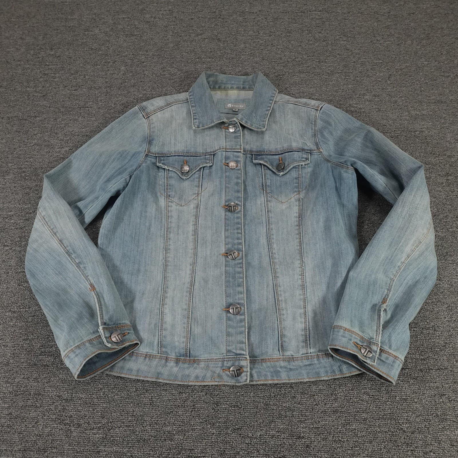 Tractr Denim Jacket Womens Medium Blue Light Wash Button Front Classic Casual