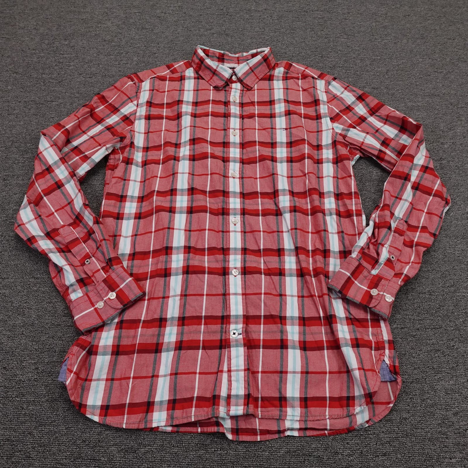 Tommy Hilfiger Shirt Mens XL Red Plaid Long Sleeve Button Up Slim Fit Cotton