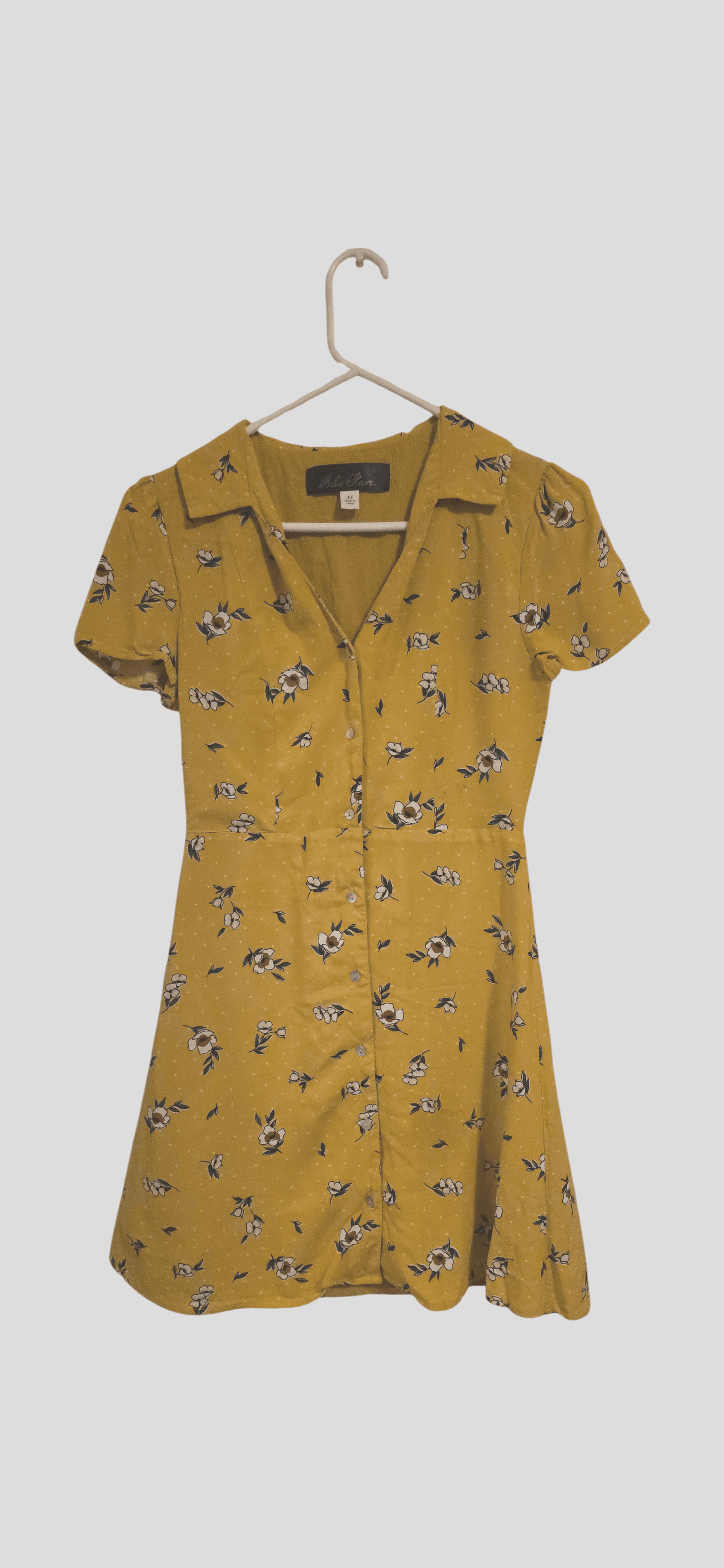 Y2K Blue Rain Floral Button up Yellow A-Line Dress Small